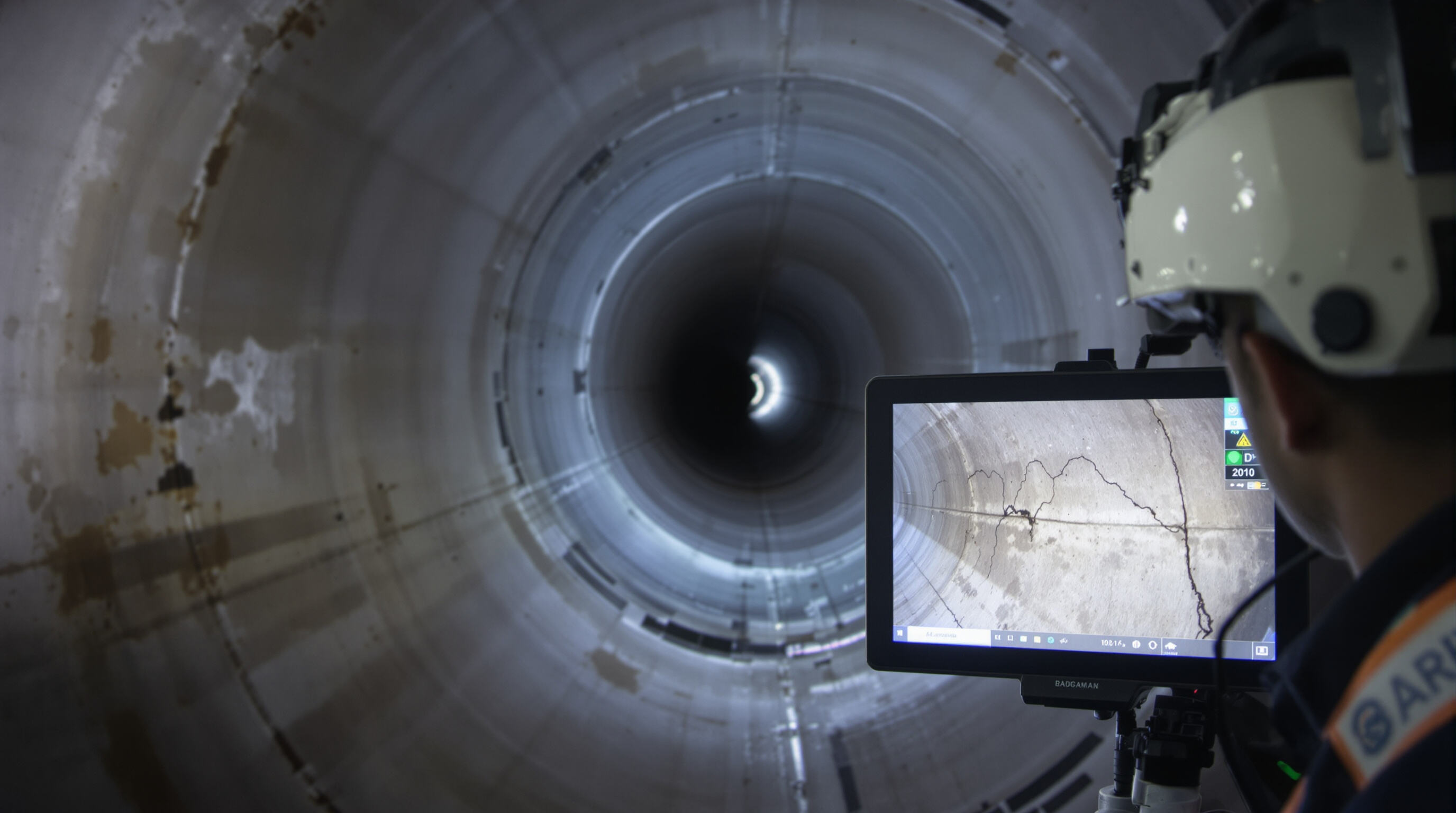 Technician inspecting pipe interior with HD camera showing fine cracks and corrosion on a display