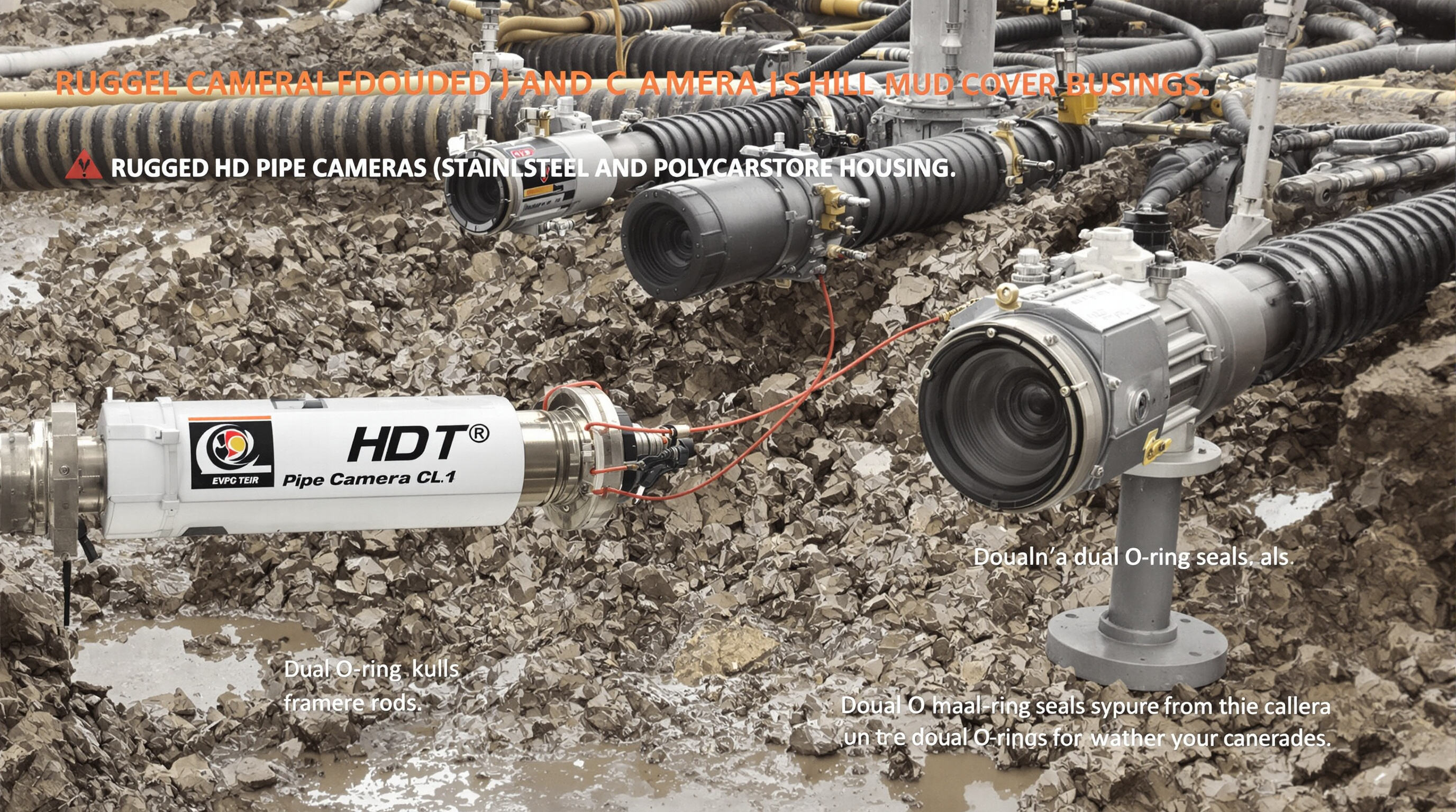 Photo of rugged HD pipe cameras with reinforced housings and rods on a muddy construction site.