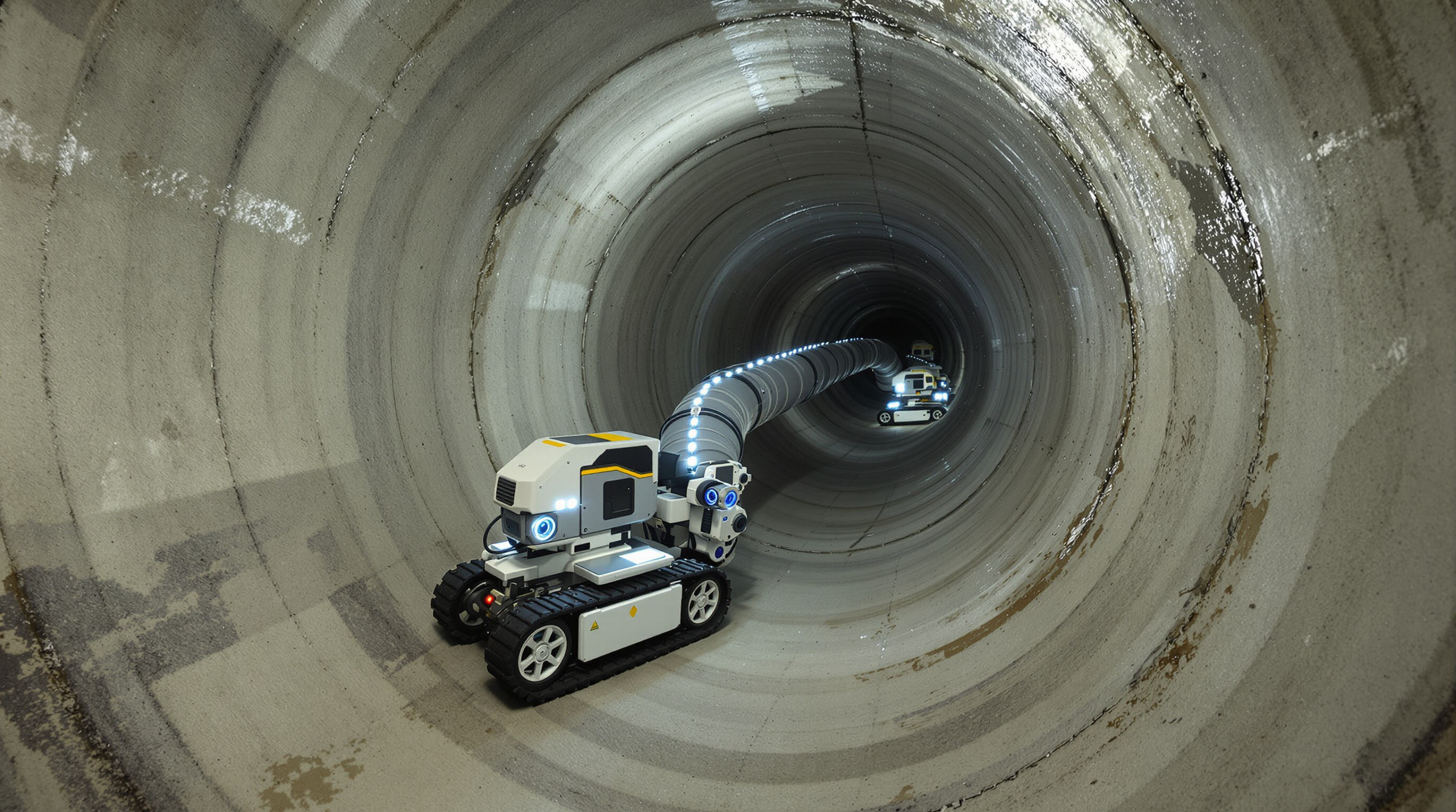 Robotic pipe inspection crawler with high-res cameras lighting up a bend in a large underground pipe