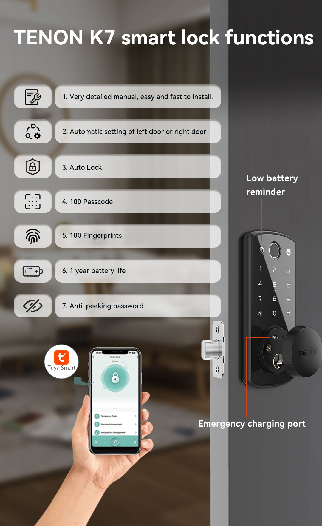 TENON K7 Biometric Fingerprint Key/Card Access Smart Door Lock Automatic Electronic Mini Digital Password Cloud Storage Hotels factory
