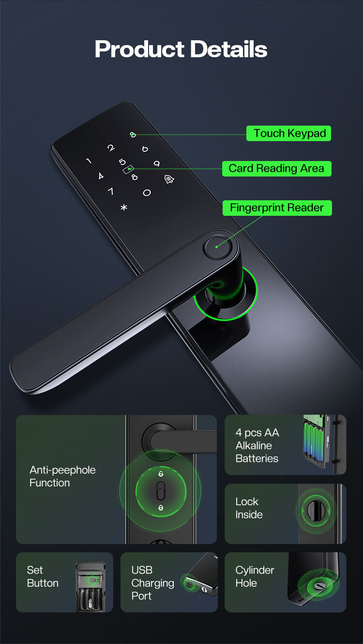 Intelligent Tuya Smart Door Handle Lock with RFID Card Digital Password Keypad Fingerprint Recognition Black Wi-Fi Networked factory