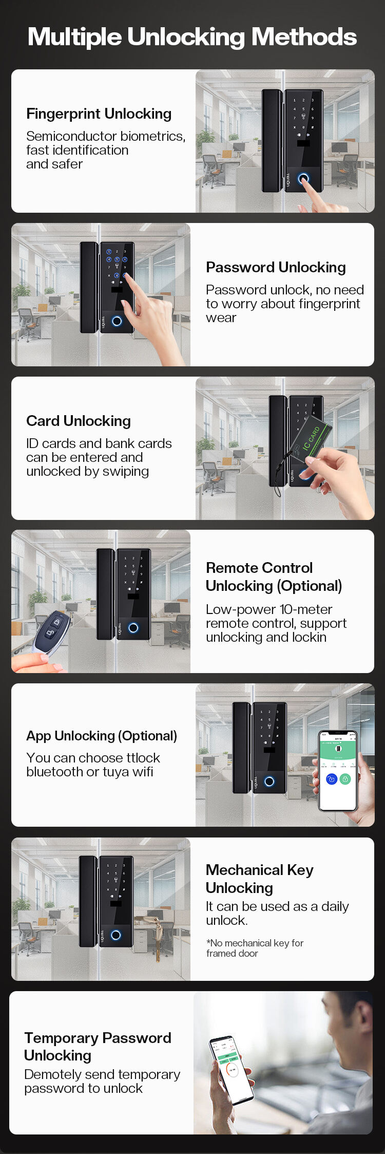 Hot Selling K5 Tuya App Smart Locks WiFi Password Card & Mechanical Key Unlock Electronic Glass Door Lock with TT Lock Control supplier