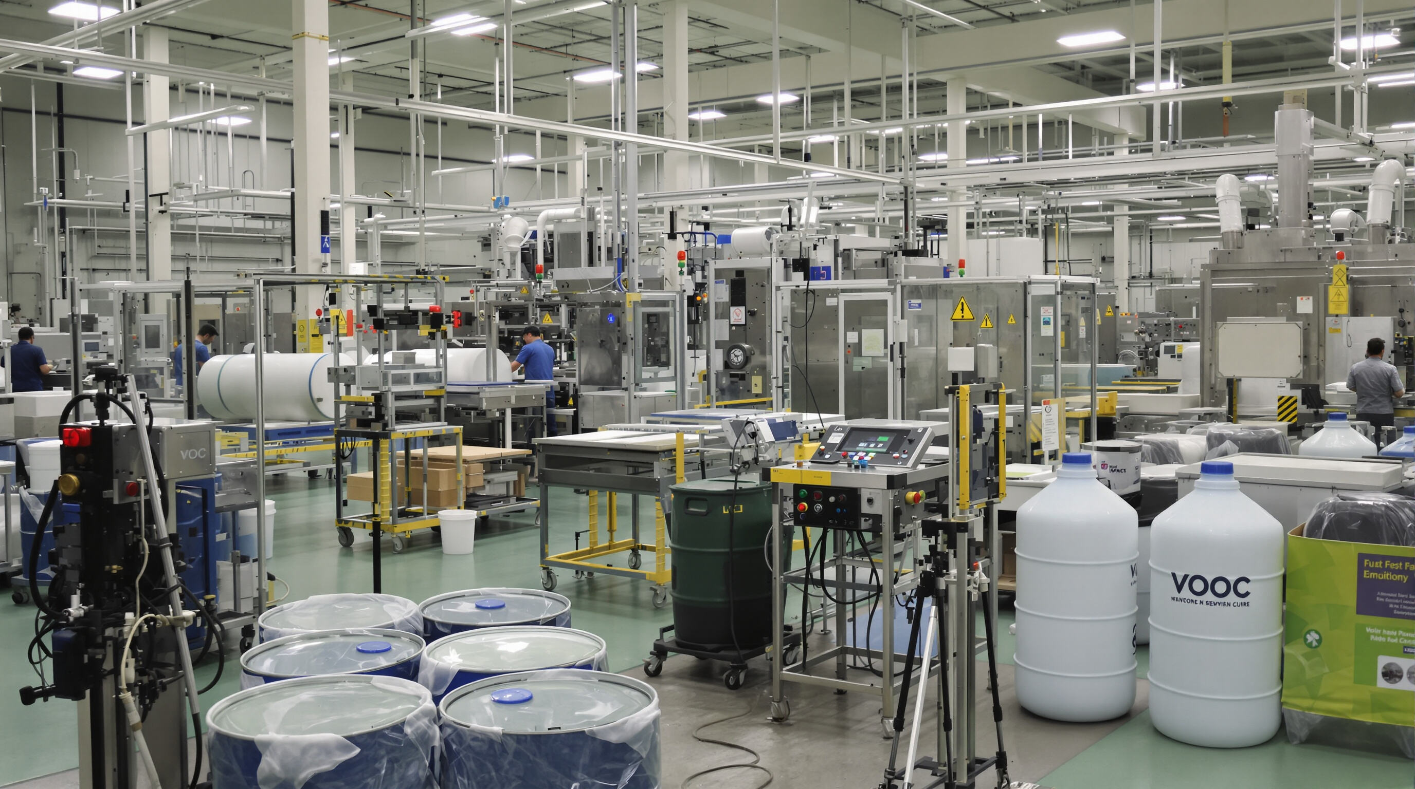 Workers using automated machinery to apply water-based coatings in an eco-friendly factory environment