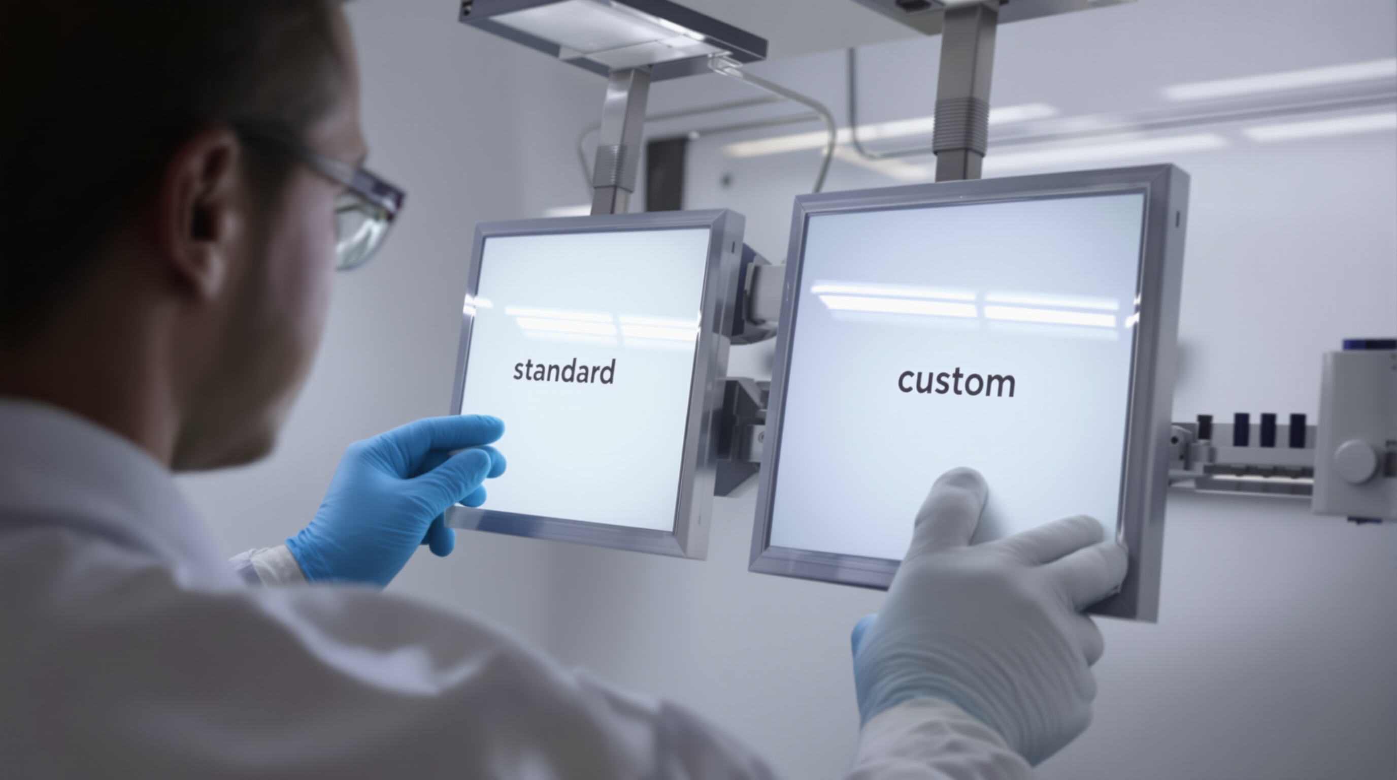 Scientist examining coated test panels with different acrylic resin finishes in a controlled testing chamber
