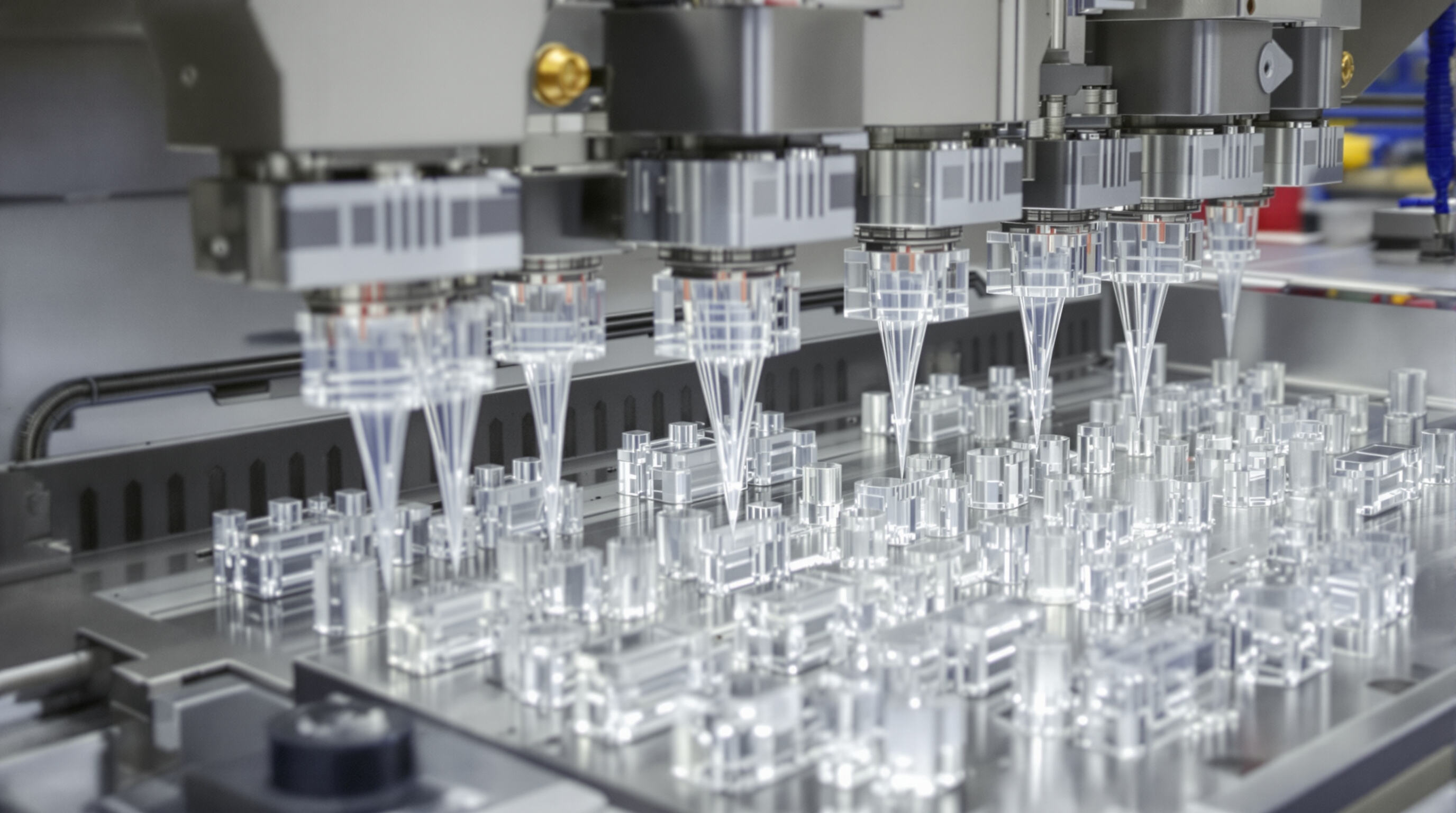 Injection molding process showing acrylic parts in precision molds with visible cooling channels in a modern factory