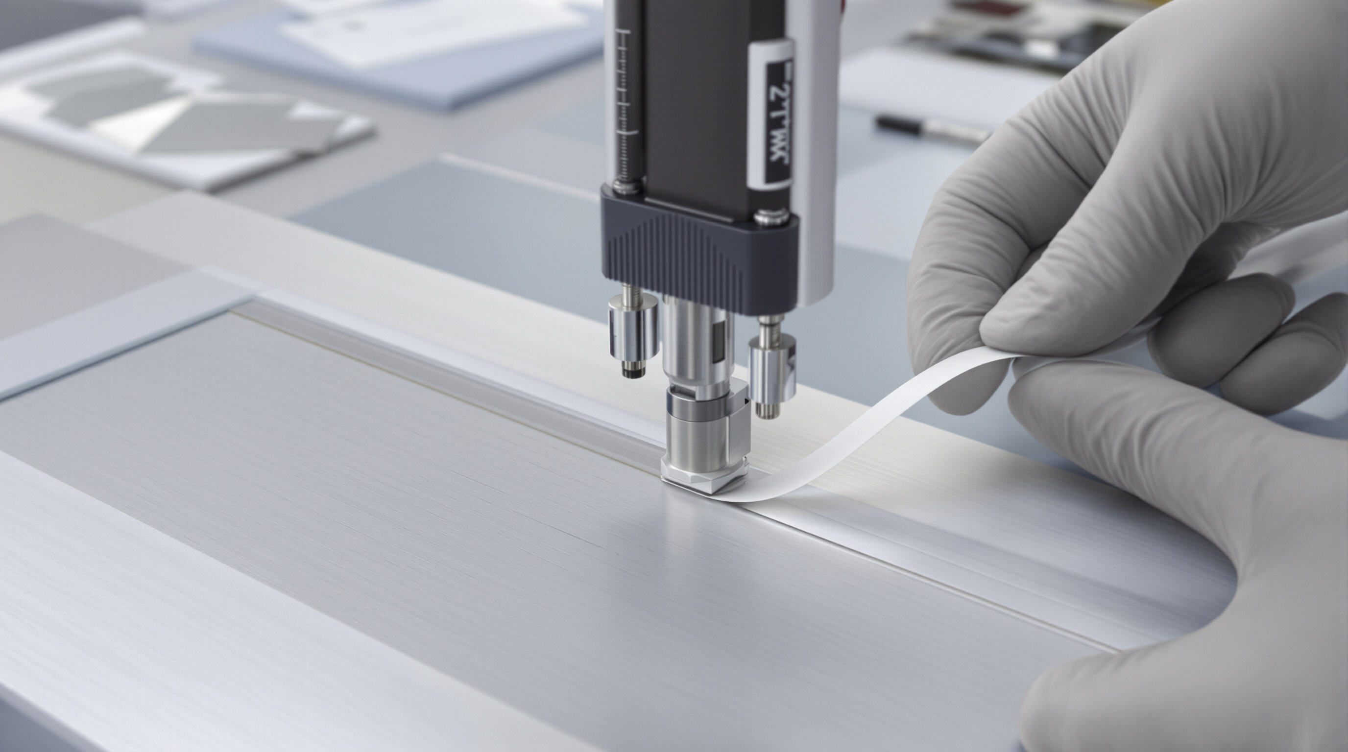Gloved hands bending a coated metal strip to test flexibility and hardness of an acrylic coating.