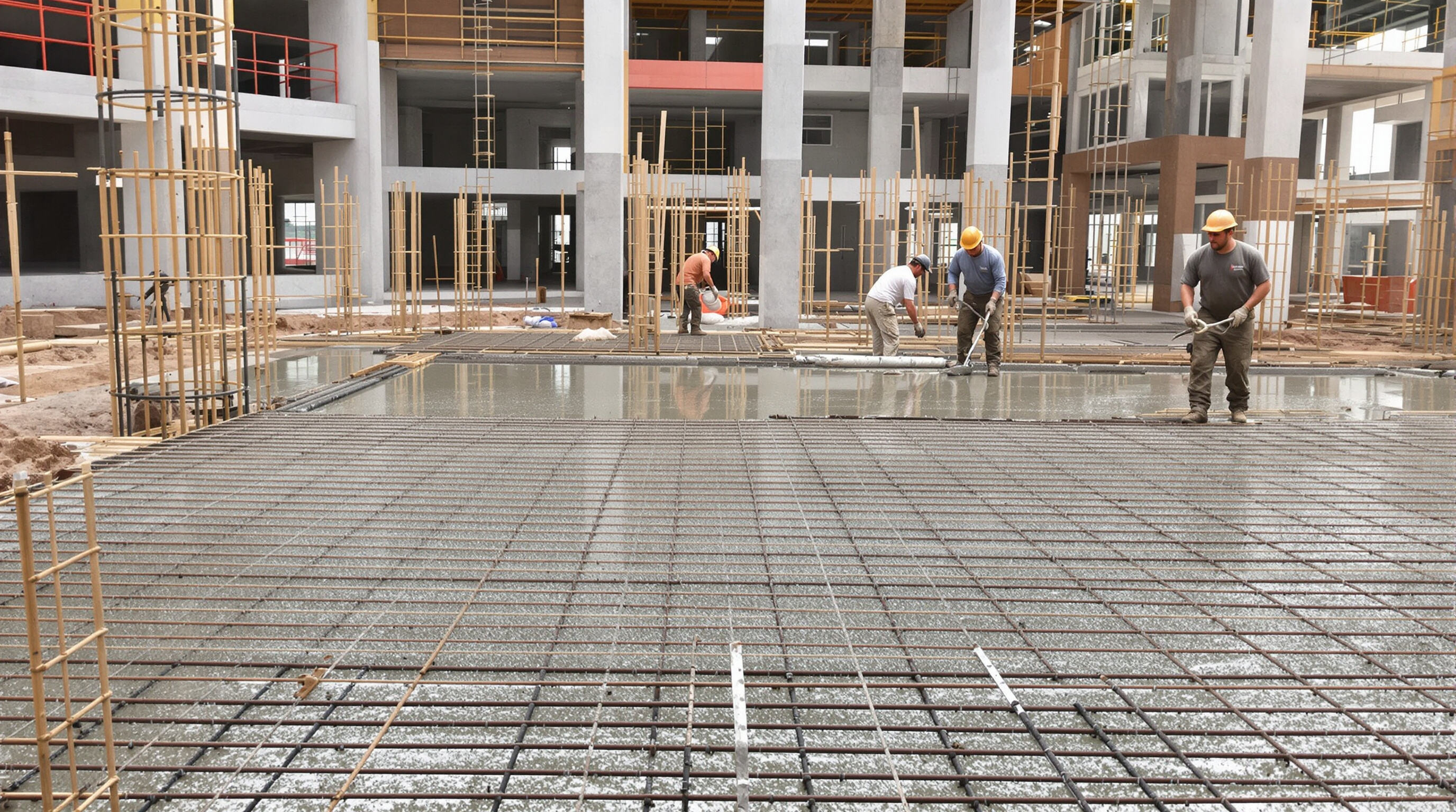 Workers pouring concrete that self-cures in dry conditions without traditional moist coverings.