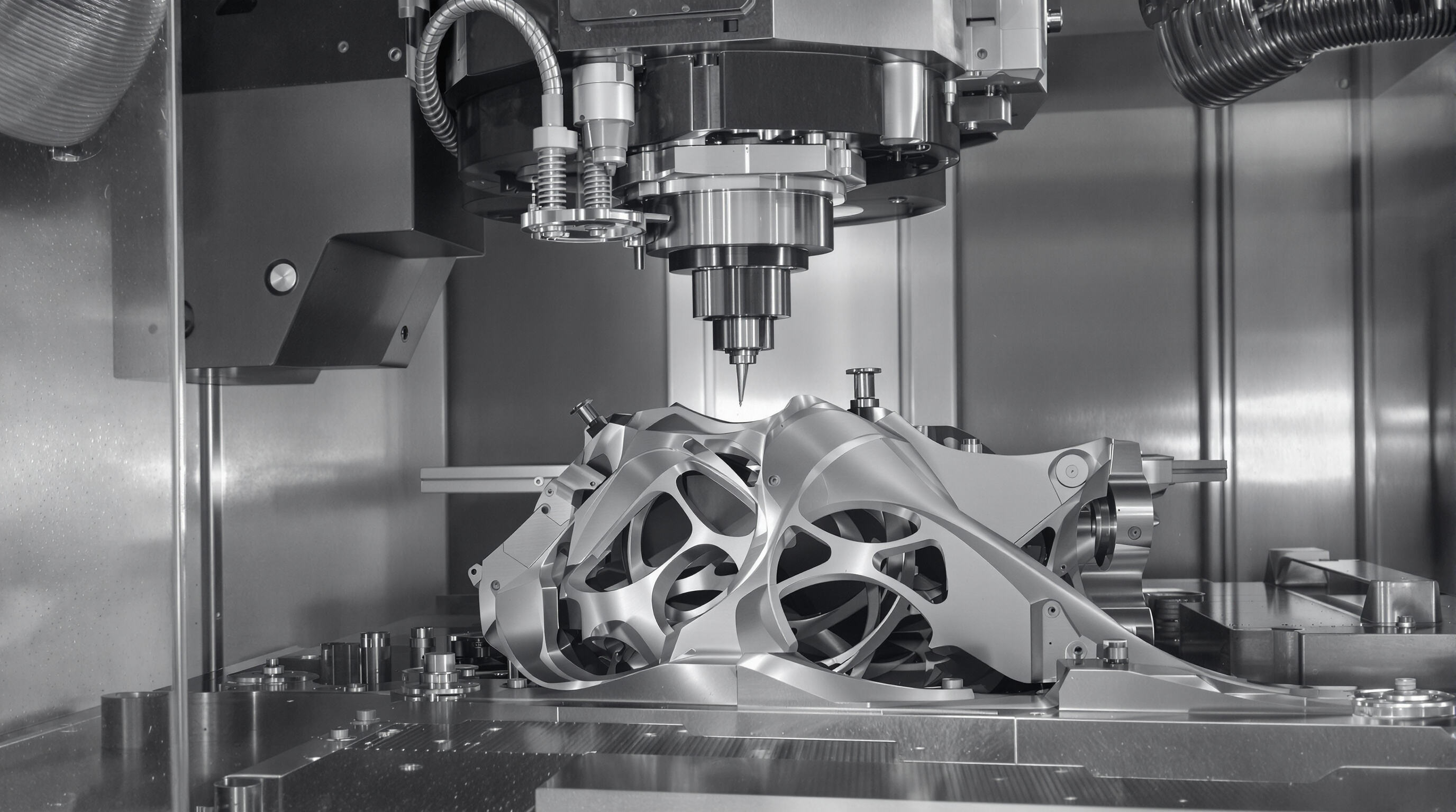 5-axis CNC milling machine crafting a complex, multi-angled aerospace part in a workshop setting