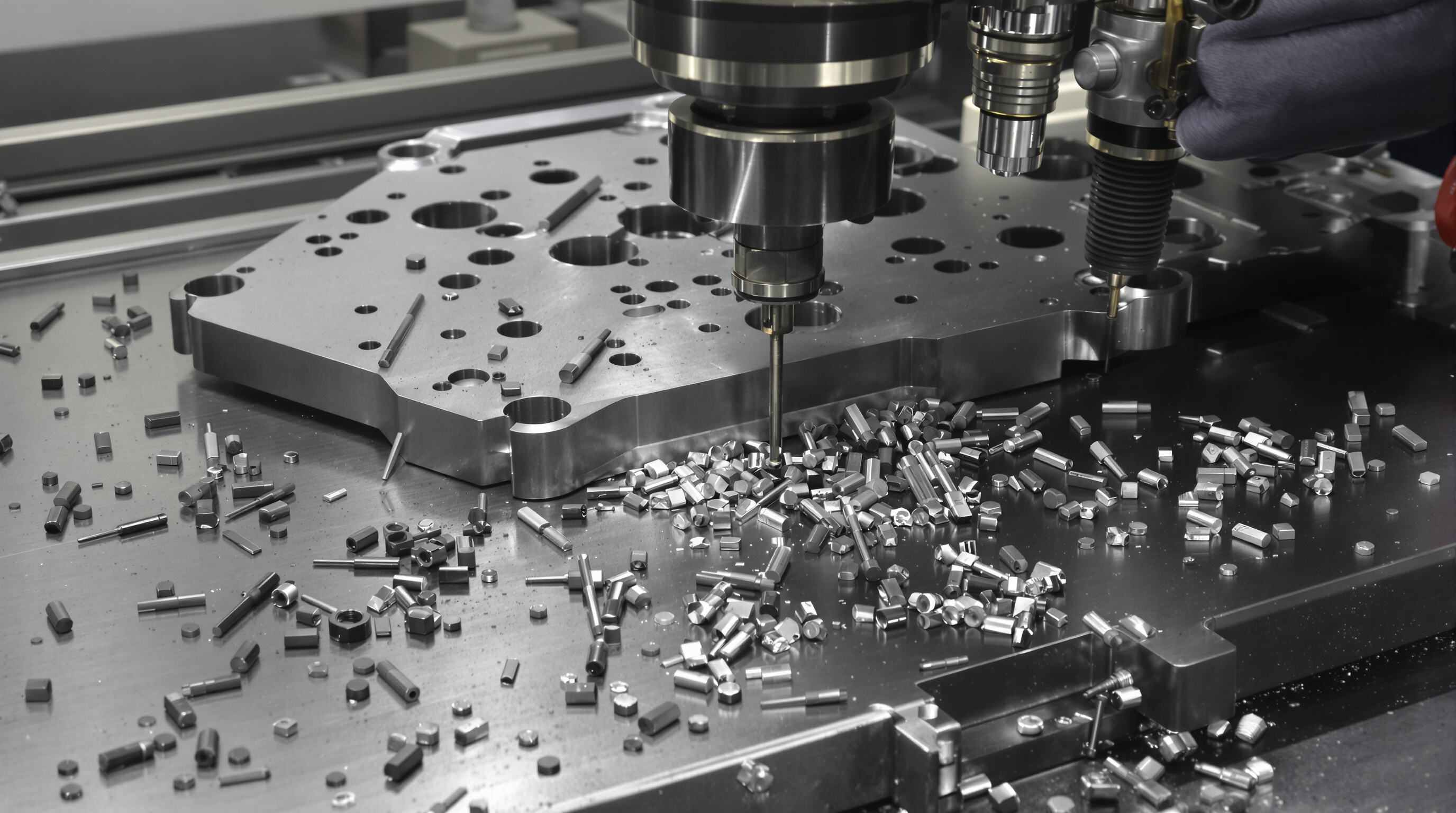 Photorealistic scene of a titanium CNC part with worn cutting tools and a coolant system, emphasizing machining difficulty and cost.