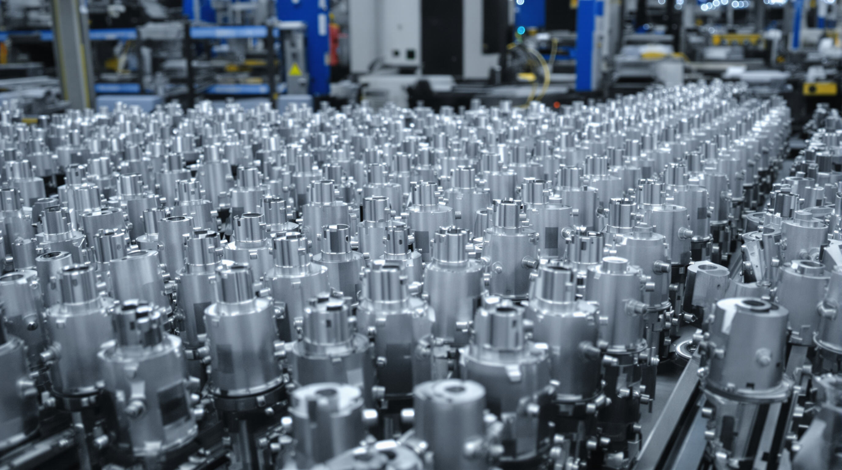 Multiple identical CNC-machined parts on a production line, highlighting consistency in manufacturing