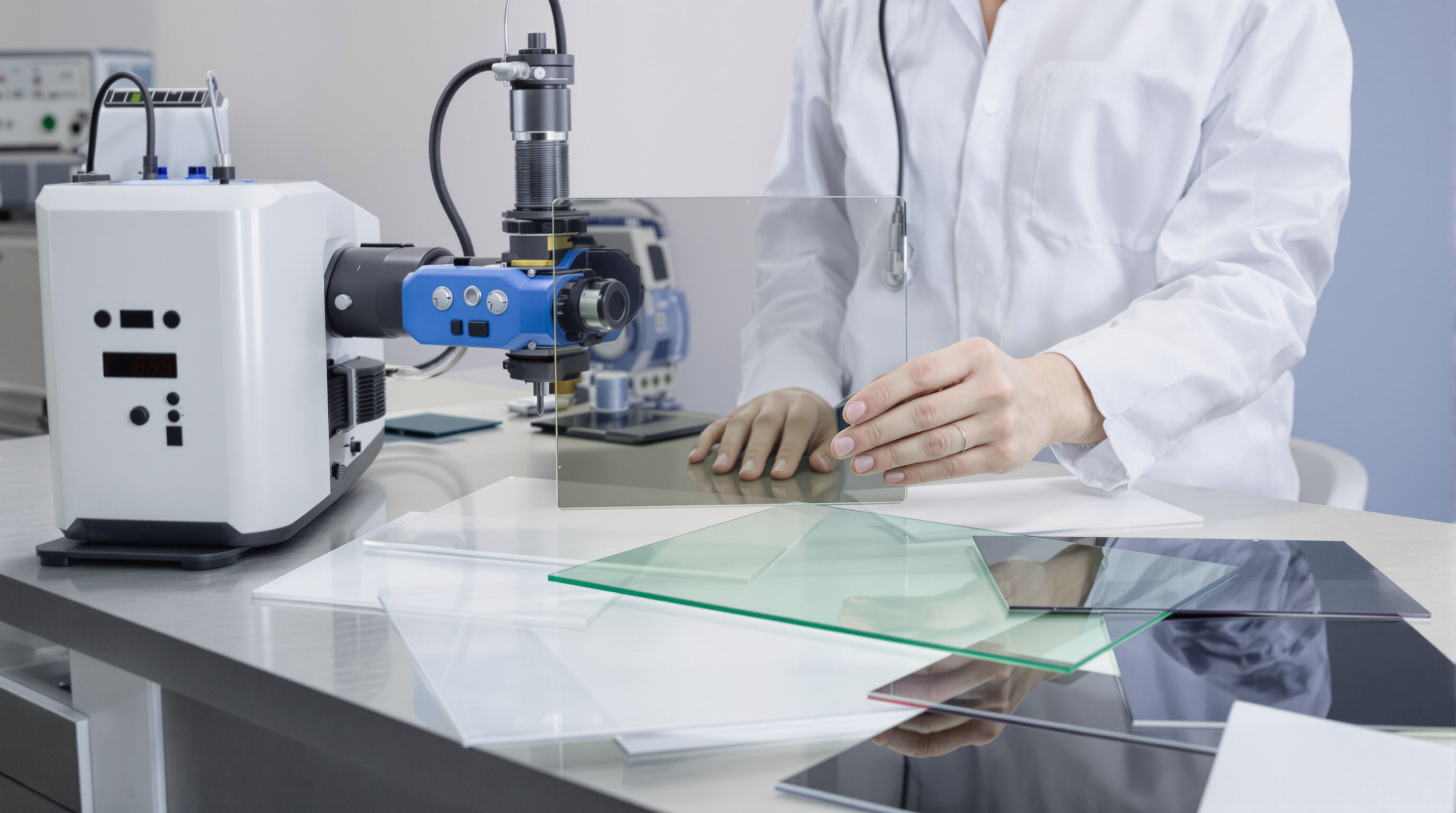 Scientist testing laser protection screens with spectrometer in laboratory