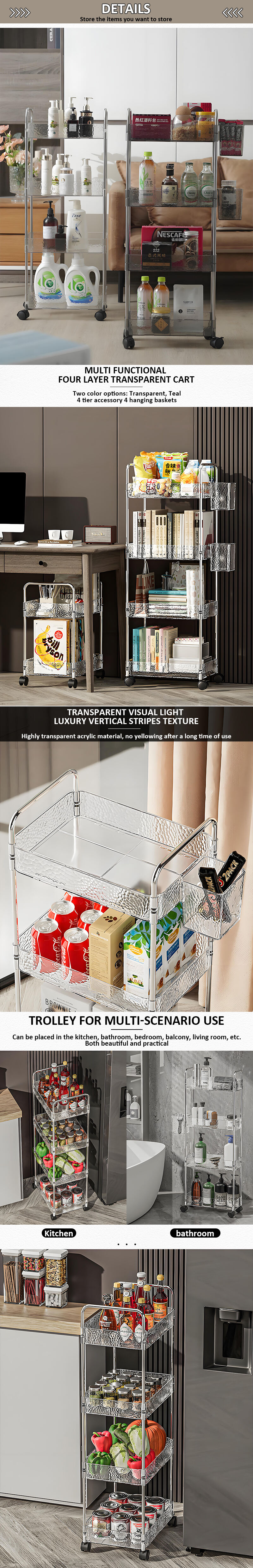 product light luxury 4 tier kitchen cart organizer multi layer transparent plastic storage rack with wheels luxury rack holder home use-6