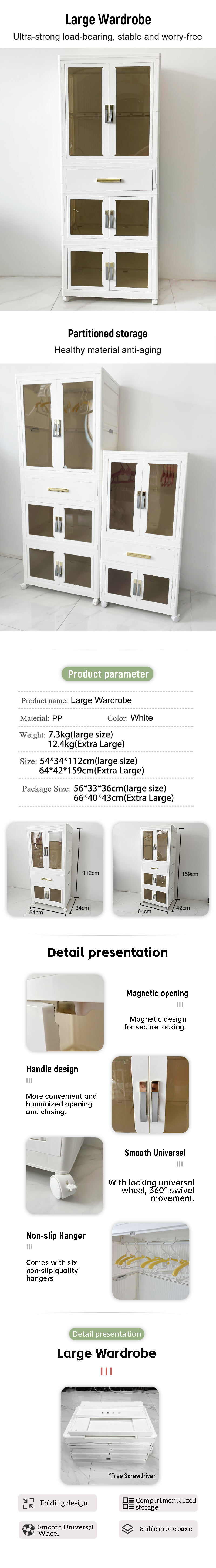 product hot selling white plastic portable foldable wardrobe multifunctional conveniently assembled for clothing bedroom bathroom pp-3
