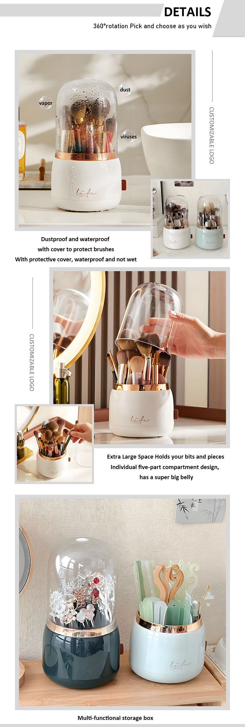 product high quality desktop 360 degree rotating multifunctional makeup brush holder storage dust proof makeup storage box-6