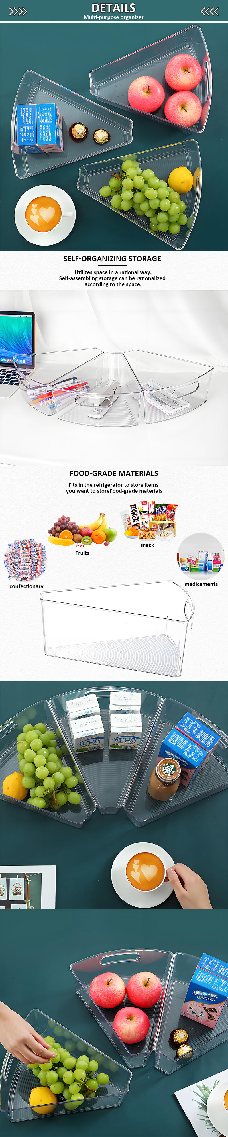 Choice Fun New Clear PET Triangle Storage Box for Kitchen Refrigerator Arc-Shaped Organizer with Handle details