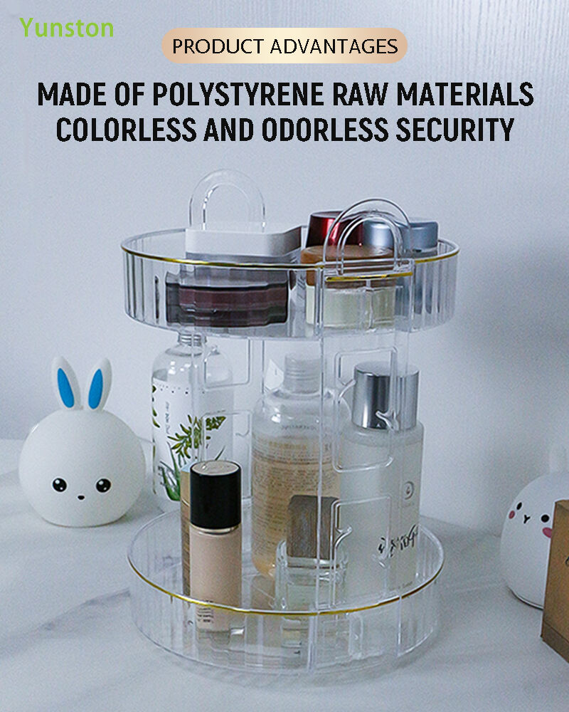 product home desktop dresser shelving storage holders racks 360 degree rotating disk double layer transparent cosmetics storage rack-1