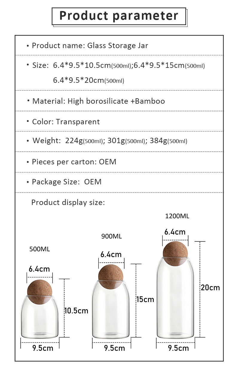 500/800/1200 Ml Multiple Size Food Container Kitchen Storage Glass Jar with Wood Ball Lid factory