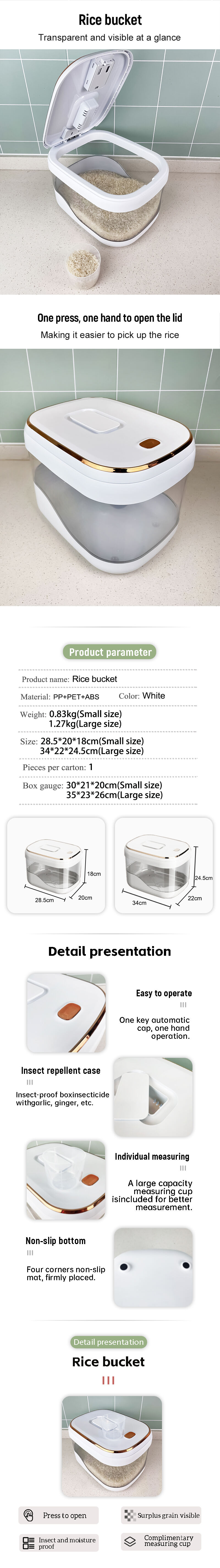 product food grade safe large capacity bucket kitchen rice storage push button sealed convenient rice bucket with lid-0