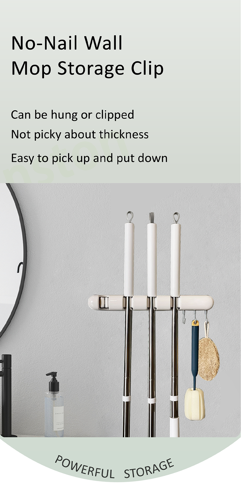 product hot sale plastic wall mounted hole free with hooks broom mop storage rack bathroom bathroom balcony-3