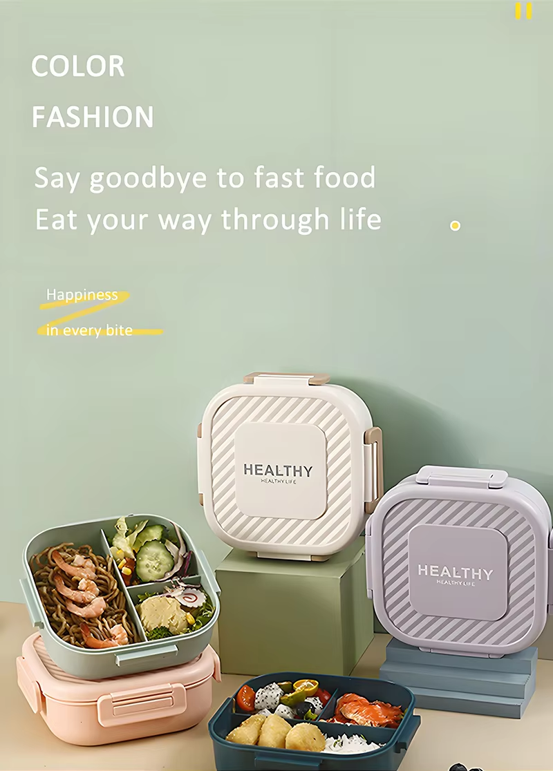 Food Grade Plastic 1300ml 3-compartment Rectangular Thermal School Tiffin Stainless Steel Bento Kids Lunch Box for Adult factory