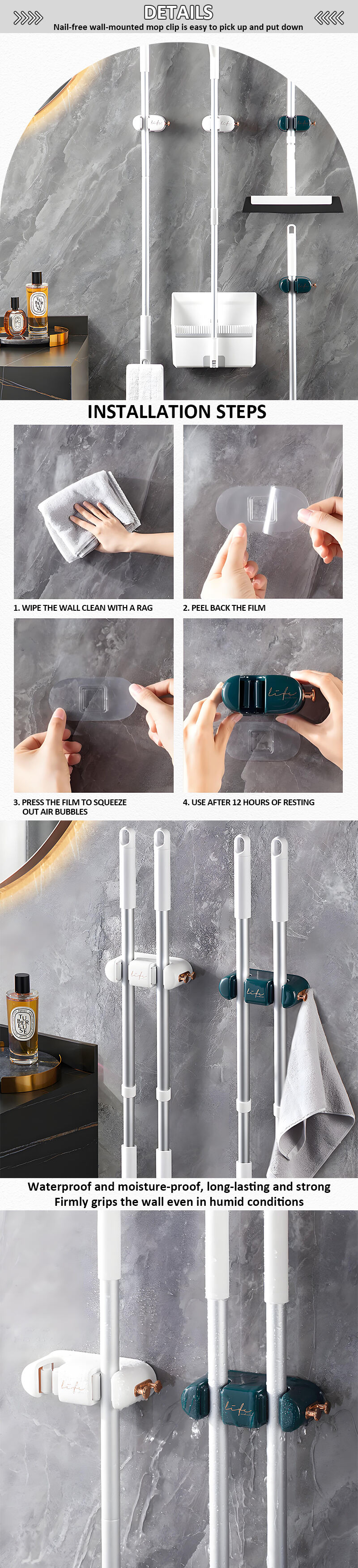 product hot home multifunctional wall mounted bathroom storage racks hole free plastic rag hooks broom mop clip storage for kitchen use-6