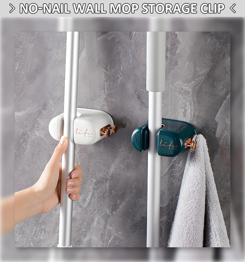 product hot home multifunctional wall mounted bathroom storage racks hole free plastic rag hooks broom mop clip storage for kitchen use-3