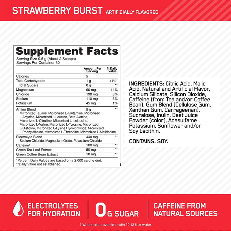 مسحوق مشروب الطاقة أمينو إنرجي بلس إلكتروليتات، الكافيين للطاقة قبل التمرين والأحماض الأمينية/BCAAs، انفجار الفراولة، 10.5 أونصة (30 وجبة)، صناعة وردية