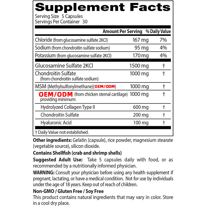 دعم المفاصل، جلوكوزامين كوندرويتين MSM + حمض الهيالورونيك الذي يتميز بالكولاجين، والمواد غير المعدلة وراثيًا، وخالي من الغلوتين والصويا، 150 كبسولة مصنعة