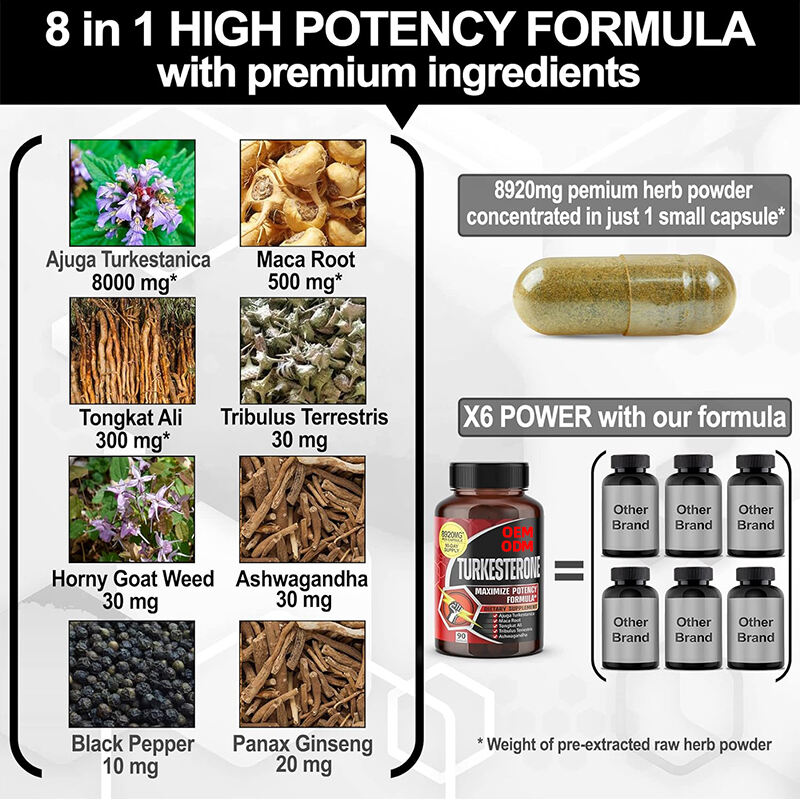 الترا تركستيرون ماكا جذر تريبولوس تيريستريس 8920 مجم أجوجا تركستانيكا مستخلص موحد 20٪ تركستيرون عالي الفعالية لنمو العضلات دعم الطاقة لمدة 90 يومًا مصنع