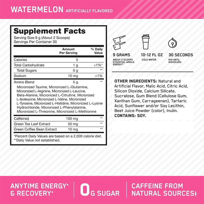 الطاقة الأمينية - ما قبل التمرين مع الشاي الأخضر، BCAA، الأحماض الأمينية، صديق للكيتو، مستخلص القهوة الخضراء، مسحوق الطاقة - البطيخ، 30 حصة المورد