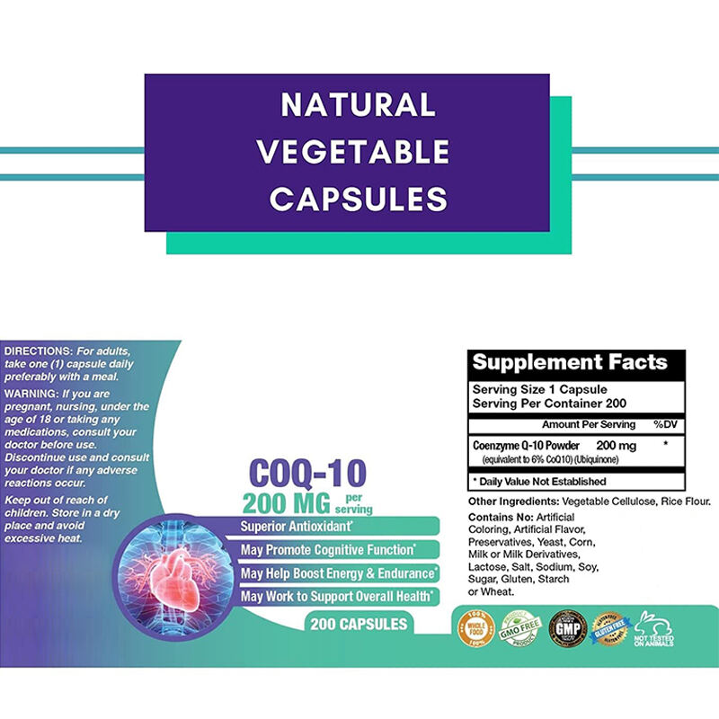CoQ10 - الإنزيم المساعد Q10 - 200 مجم - 200 كبسولة - كبسولات نباتية - غير معدلة وراثيًا - مكملات المخ والقلب والعضلات والخلايا المزود