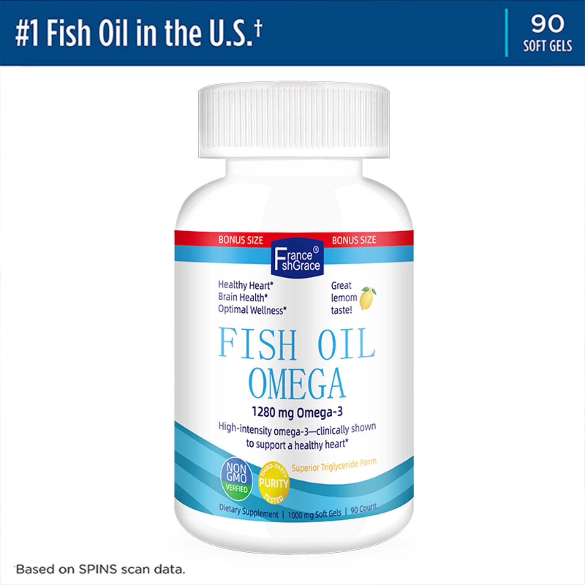 Omega 3 fish oil , Lemon Flavor - 1280 mg Omega-3-90 Soft Gels 