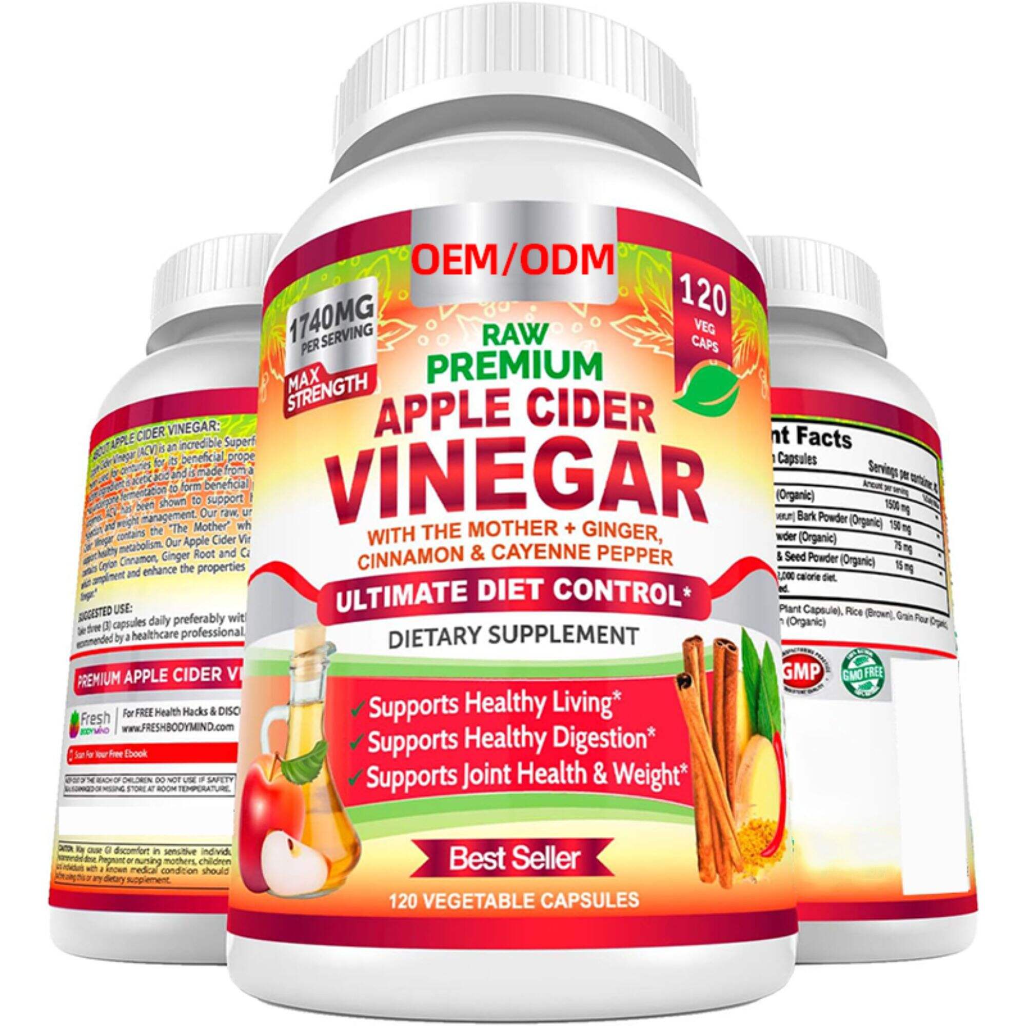 Apple Cider Vinegar Capsules Max 1740mg with 100% Natural & Raw with Cinnamon, Ginger & Cayenne Pepper - Ideal for Healthy Living, Detox & Digestion -120 Vegan Pills