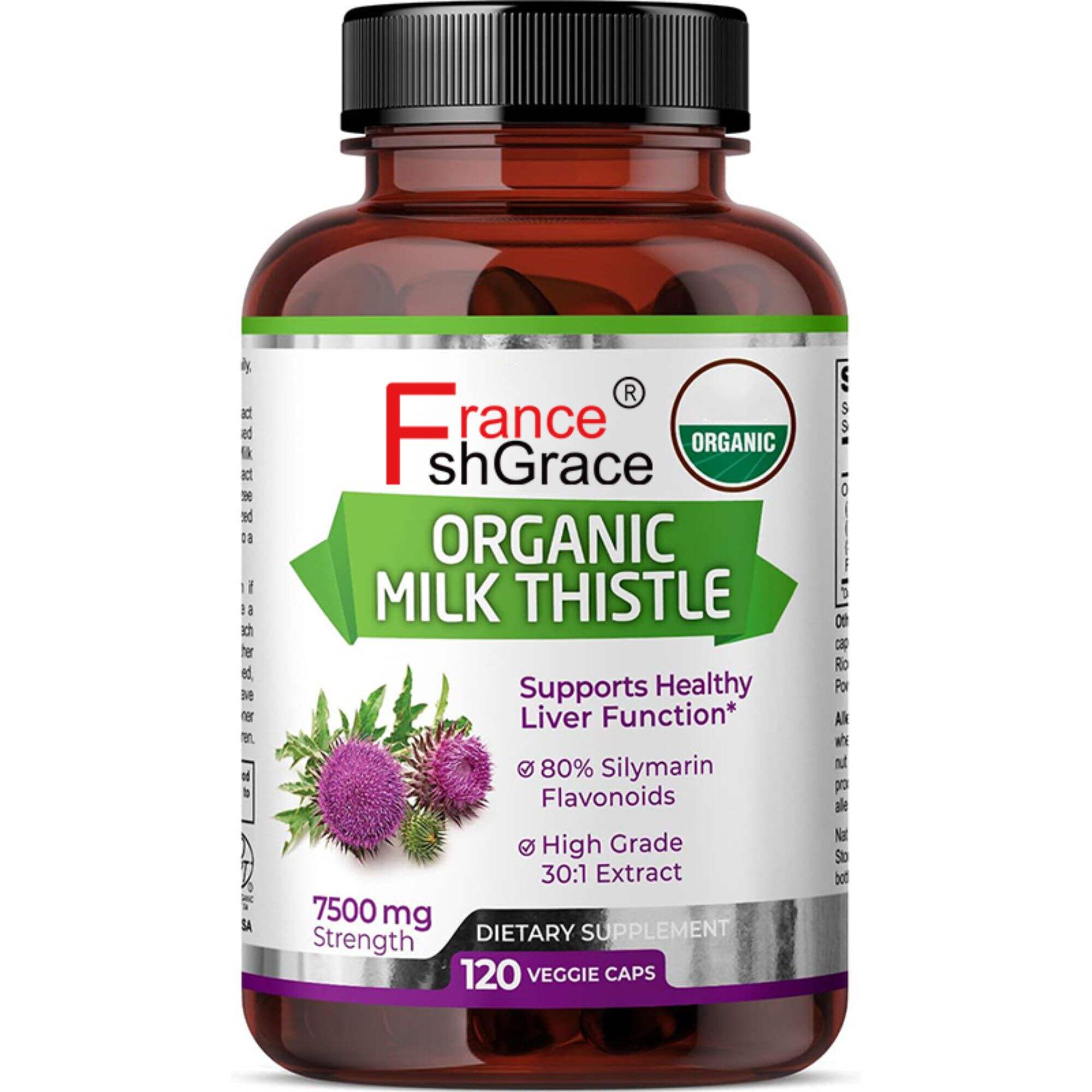 Organic Milk Thistle 30:1 Extract, 7500 mg Strength, 120 Vegan Capsules, 80% Silymarin Flavonoids, Standardized and Concentrated 30X Extract, 100% Vegetarian, All-Natural and Non-GMO