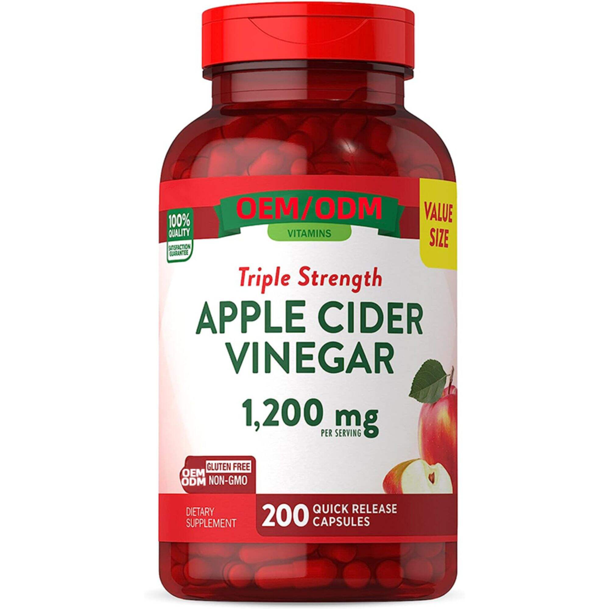 Apple Cider Vinegar Capsules 1200mg 200 Pills Extra Strength Value Size Non-GMO Gluten Free Supplement