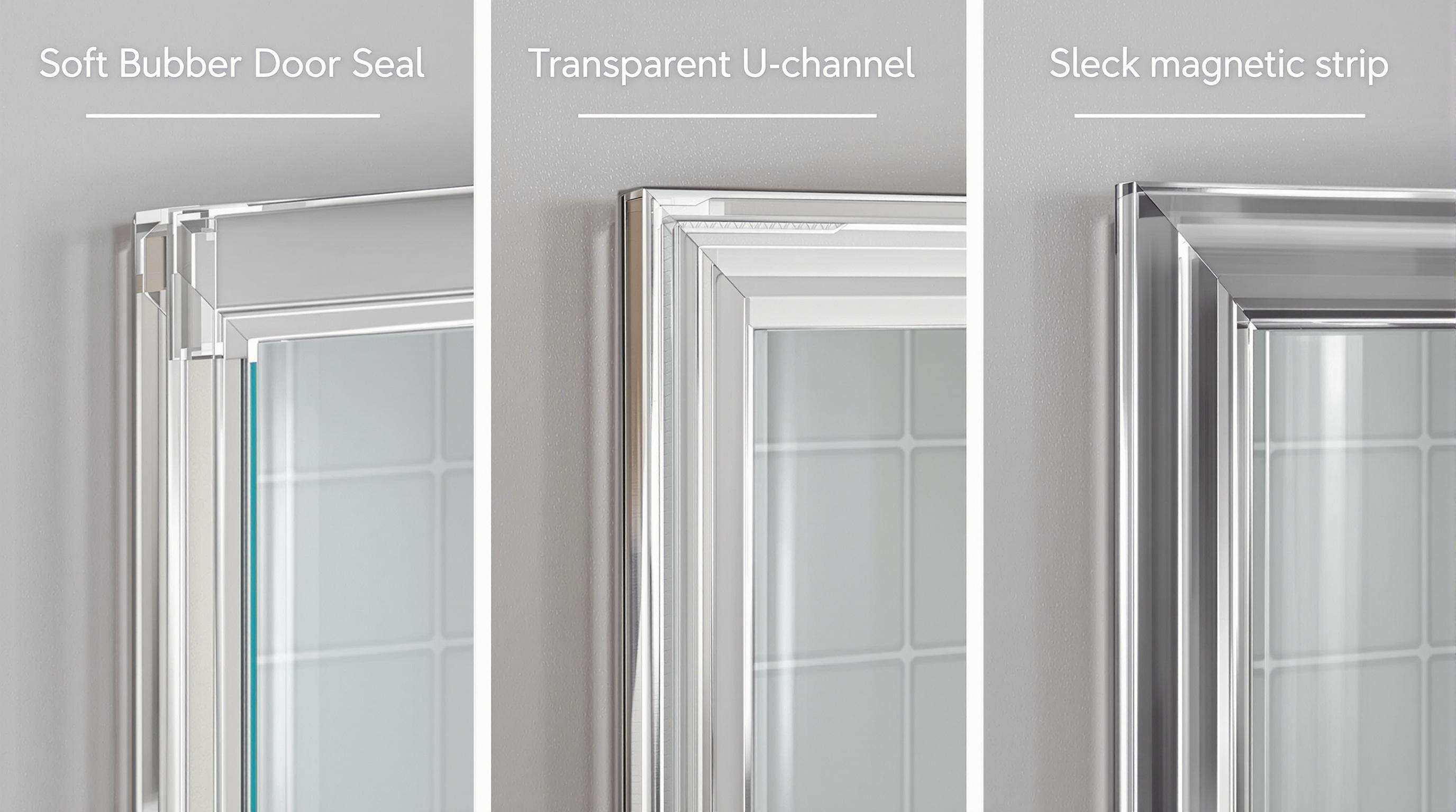 Three shower door edges side by side with bumper, U-channel, and magnetic seals on glass panels