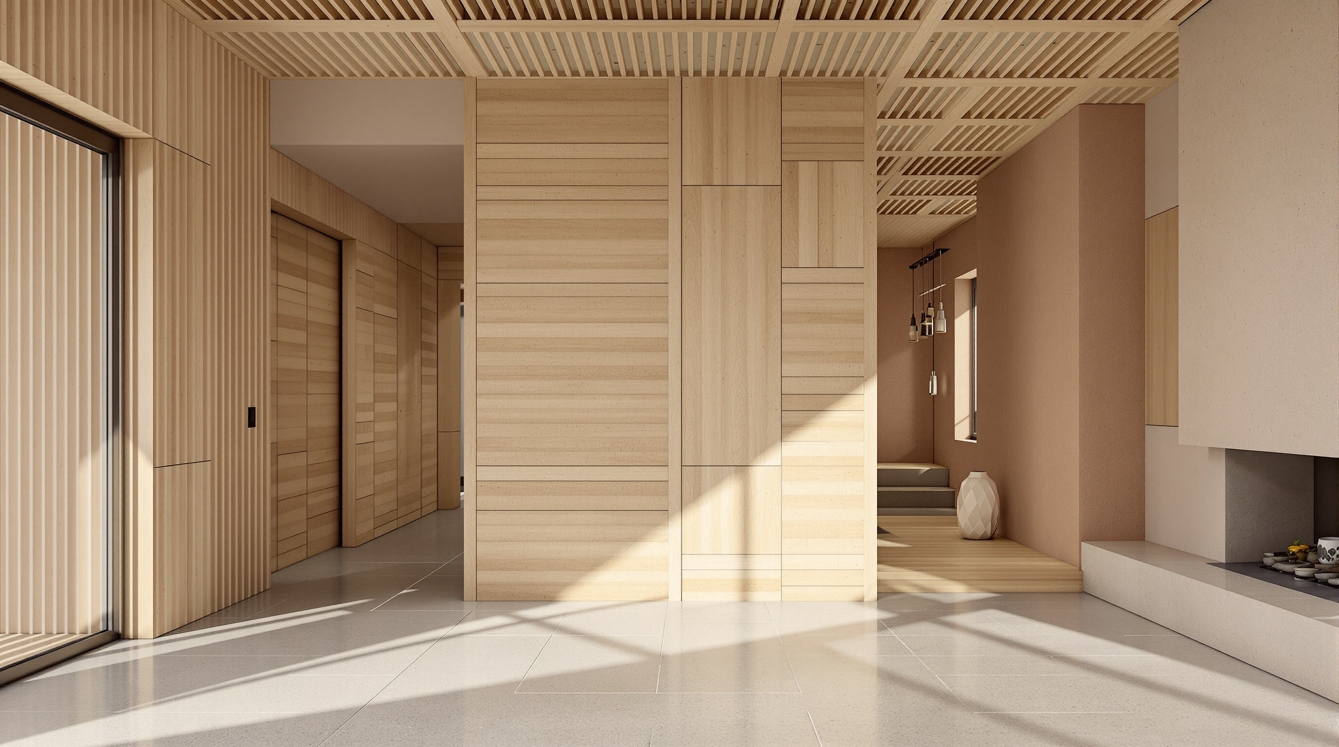 Modern prefab living room showcasing wood, stone, and clay materials in a warm, natural interior