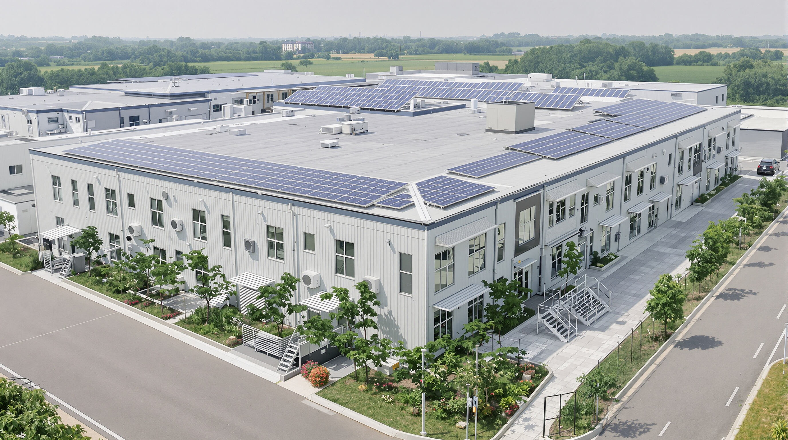 Modular office buildings with solar panels and landscaping highlighting sustainability benefits
