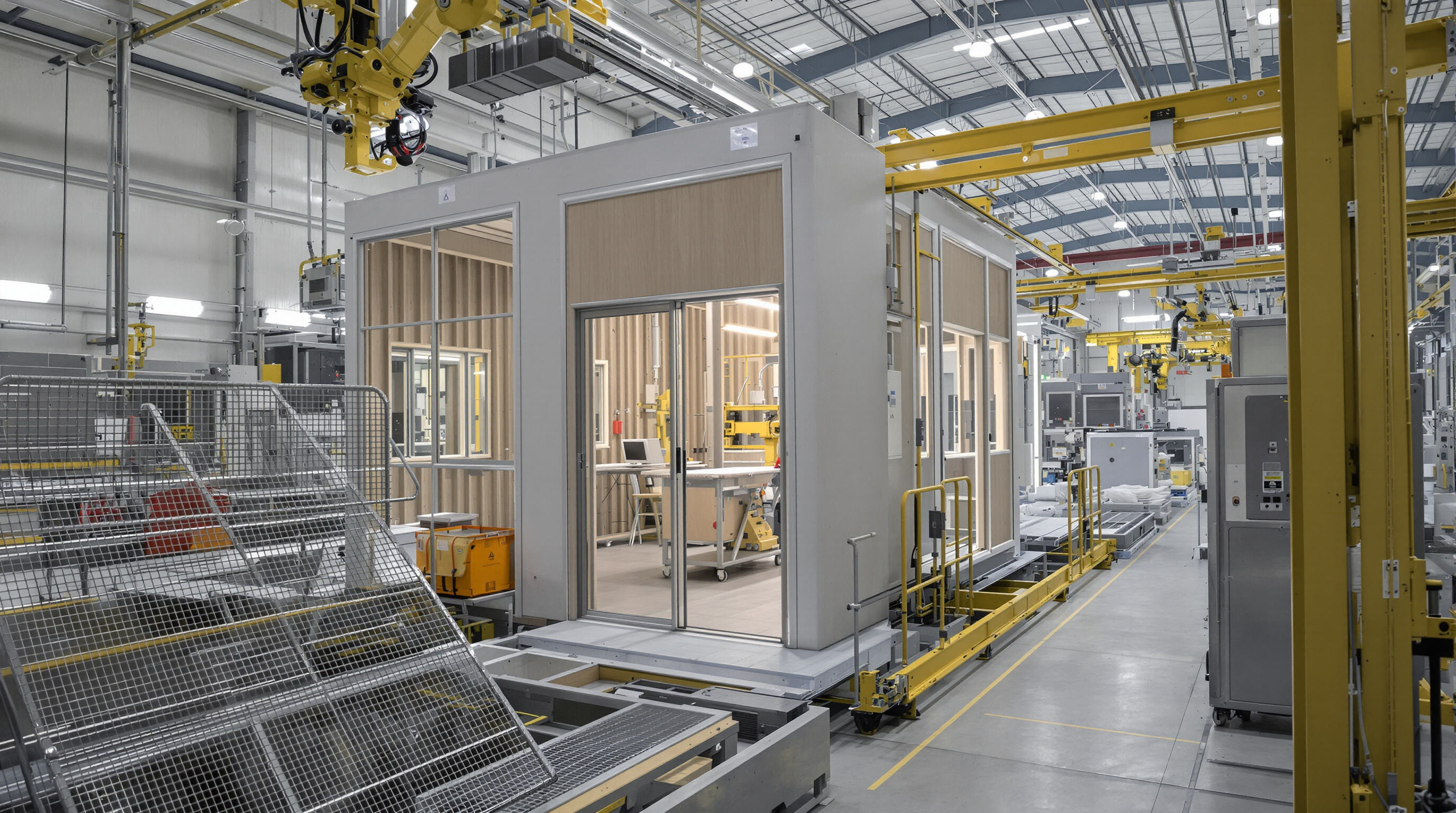 Factory floor with modular home sections being assembled by robotics under climate-controlled conditions