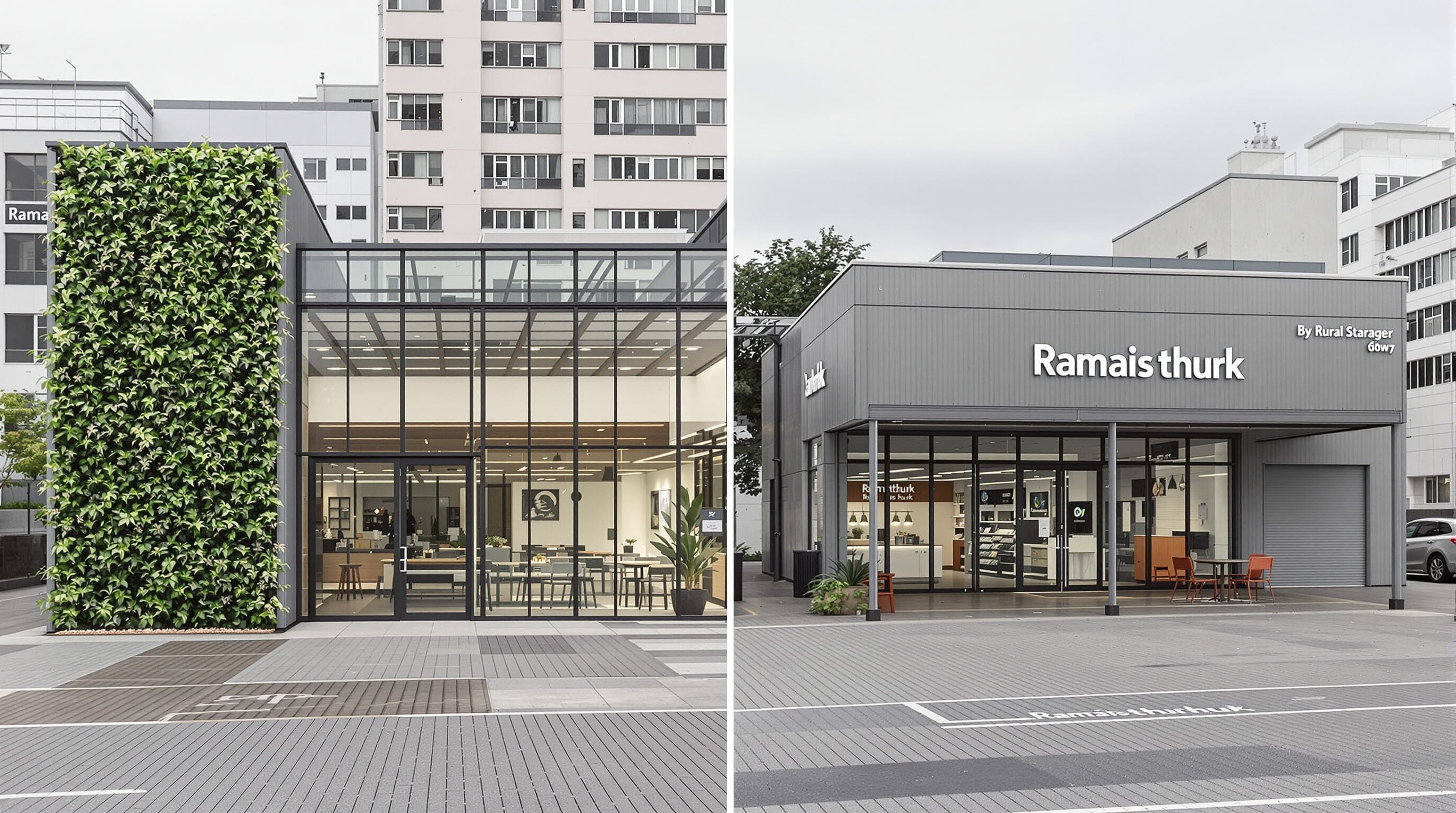 Prefabricated commercial buildings illustrating brand-customized features in urban and rural locations