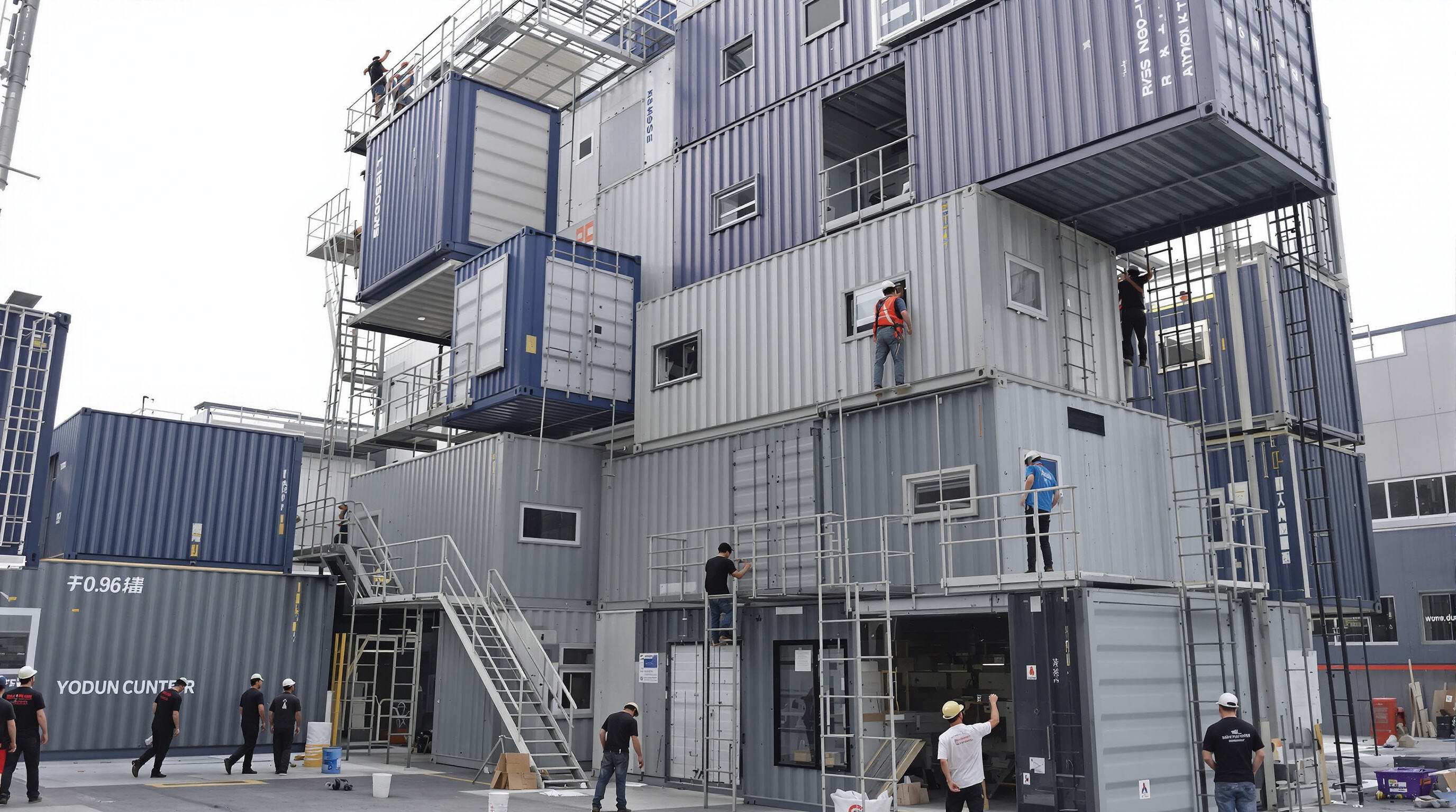 Film crew assembling shipping containers in creative modular layouts for a movie set