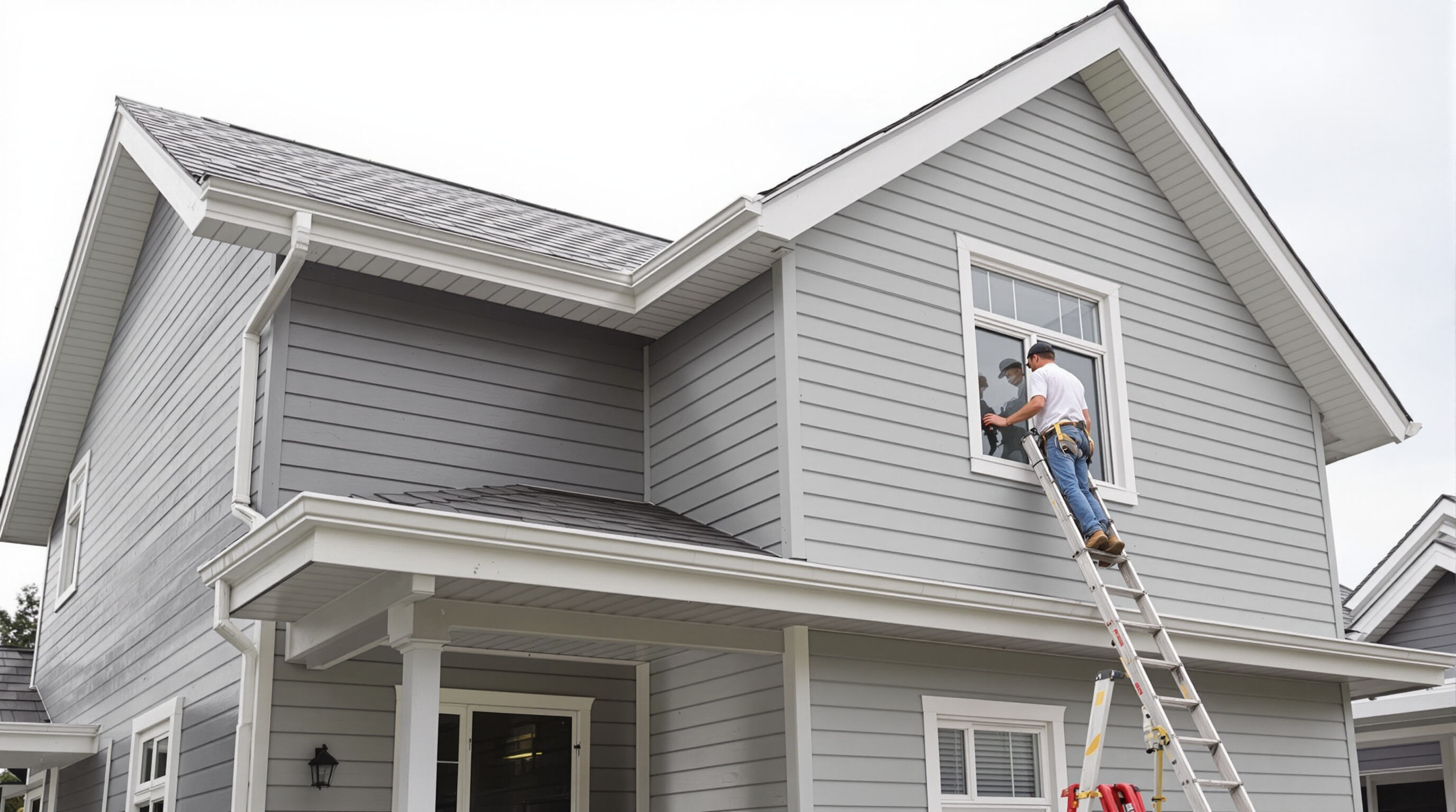 Person inspecting roof, siding, and gutters on a modern prefab house for exterior maintenance