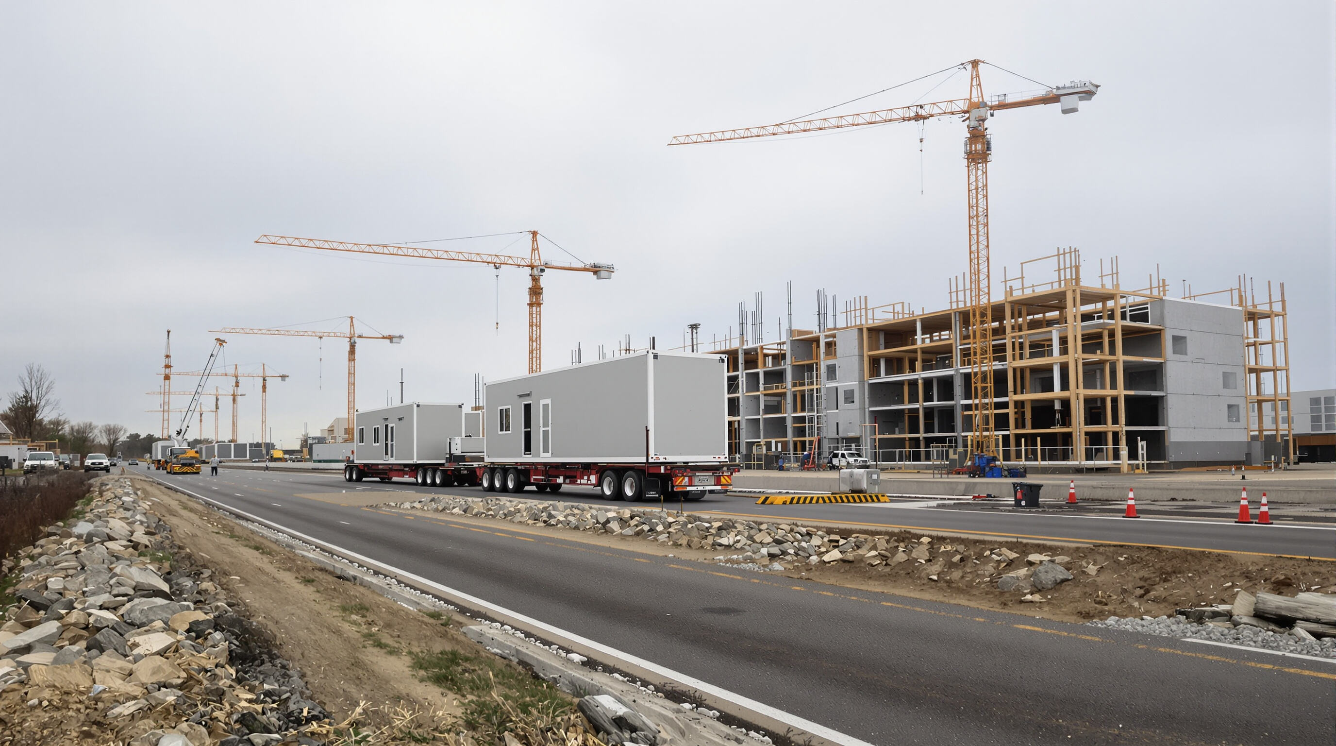 A prefab modular unit on a truck heading to a construction site, with cranes and crew waiting; realistic photo in muted tones