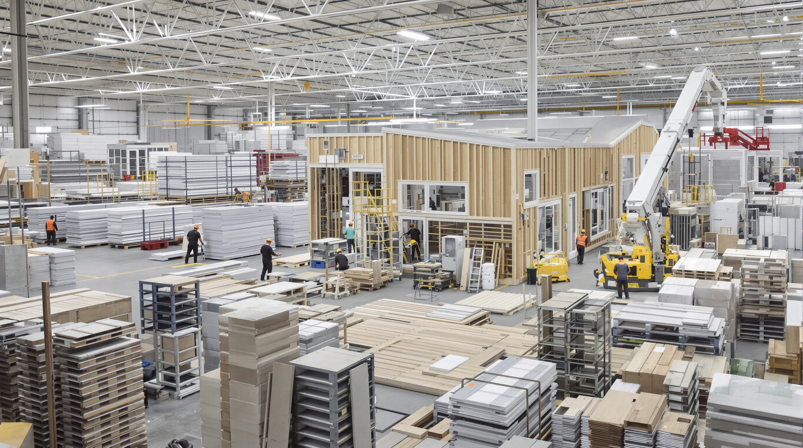 Construction workers at a factory assembling modular housing units with building materials and equipment, captured in realistic style and muted colors