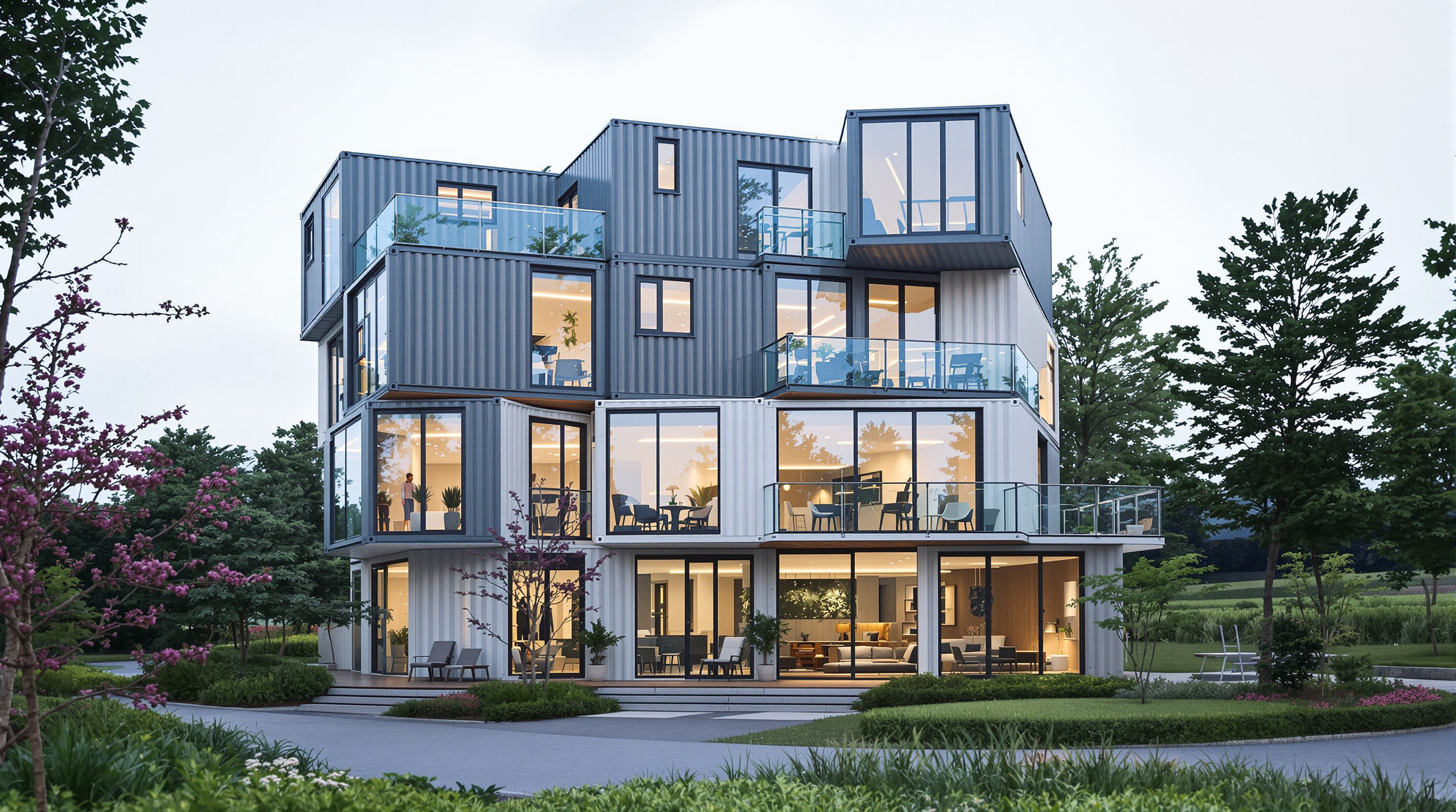 Contemporary modular container housing with stacked units, glass walls, and landscaped exterior