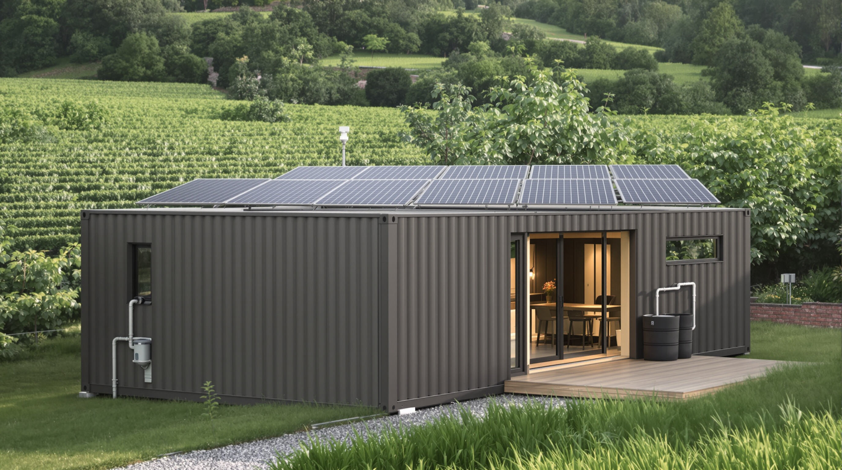 Eco-friendly container home featuring solar panels and rainwater system in a green, natural setting
