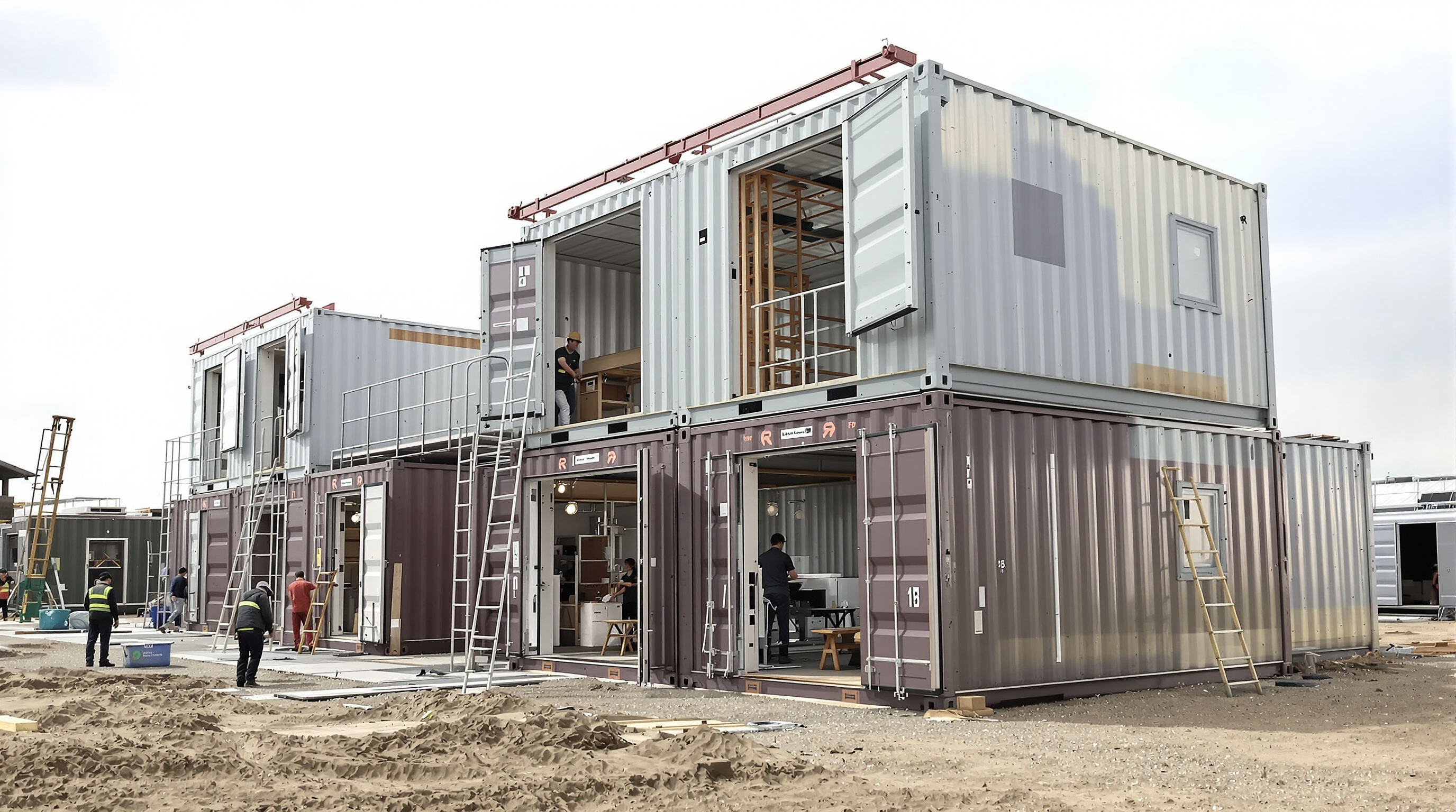 Festival workers assembling modular steel containers into ticket booths and stages