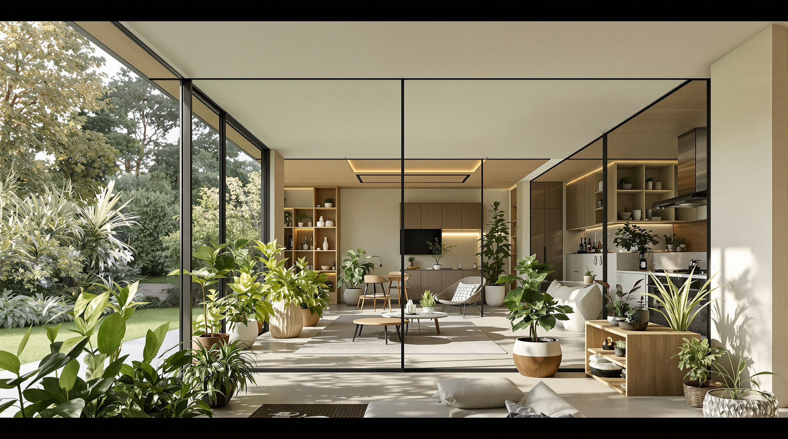 Prefab home interior seamlessly connected to a garden with abundant indoor plants and natural light