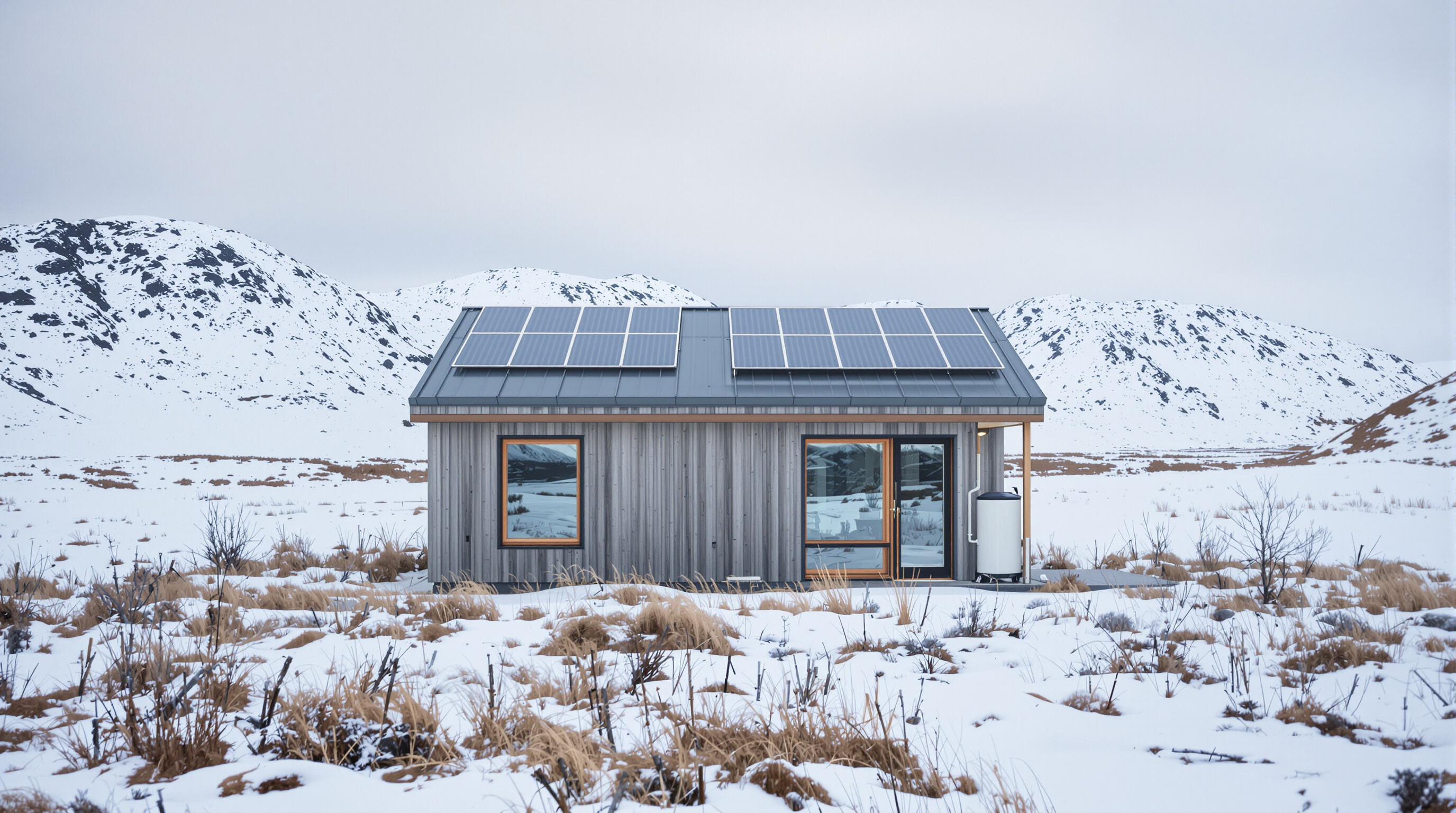 Modern prefab house in a remote winter setting with solar panels and rainwater collection features