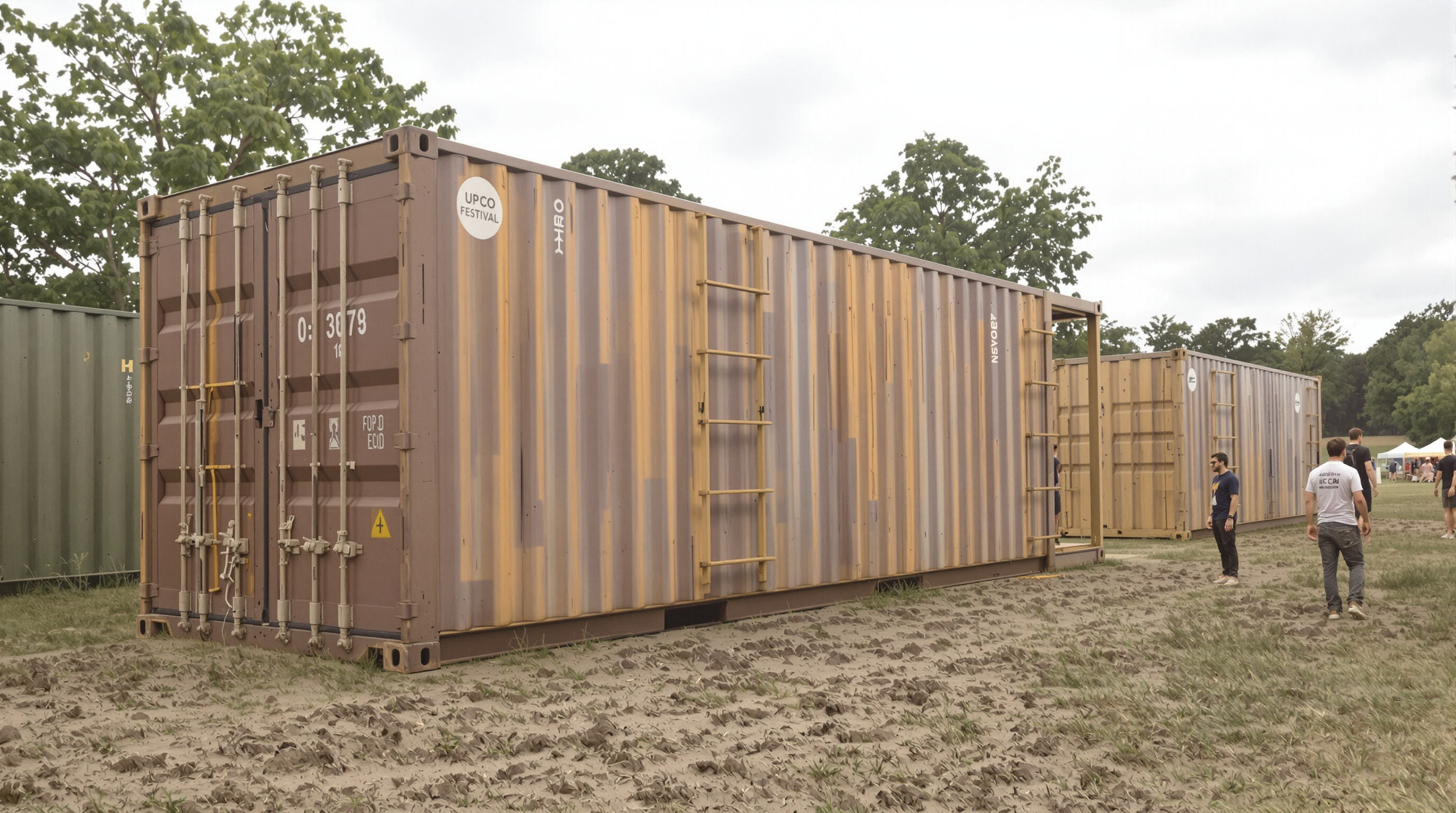 Eco-friendly shipping containers used as festival structures on a grassy outdoor site
